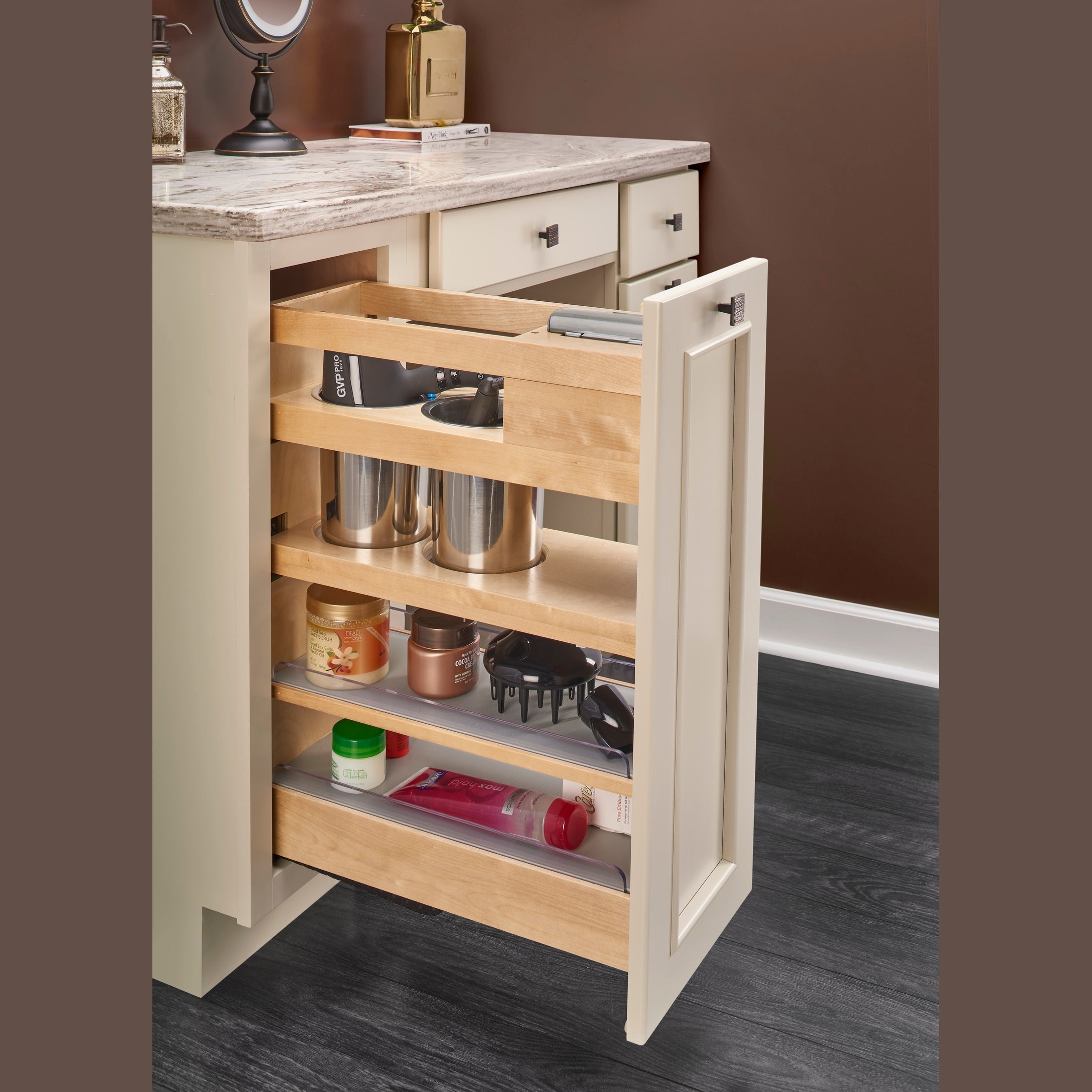 Natural Maple Outlet Grooming Organizer w/ BLUM Soft-Close for 12" Face Frame Full-Height Vanity