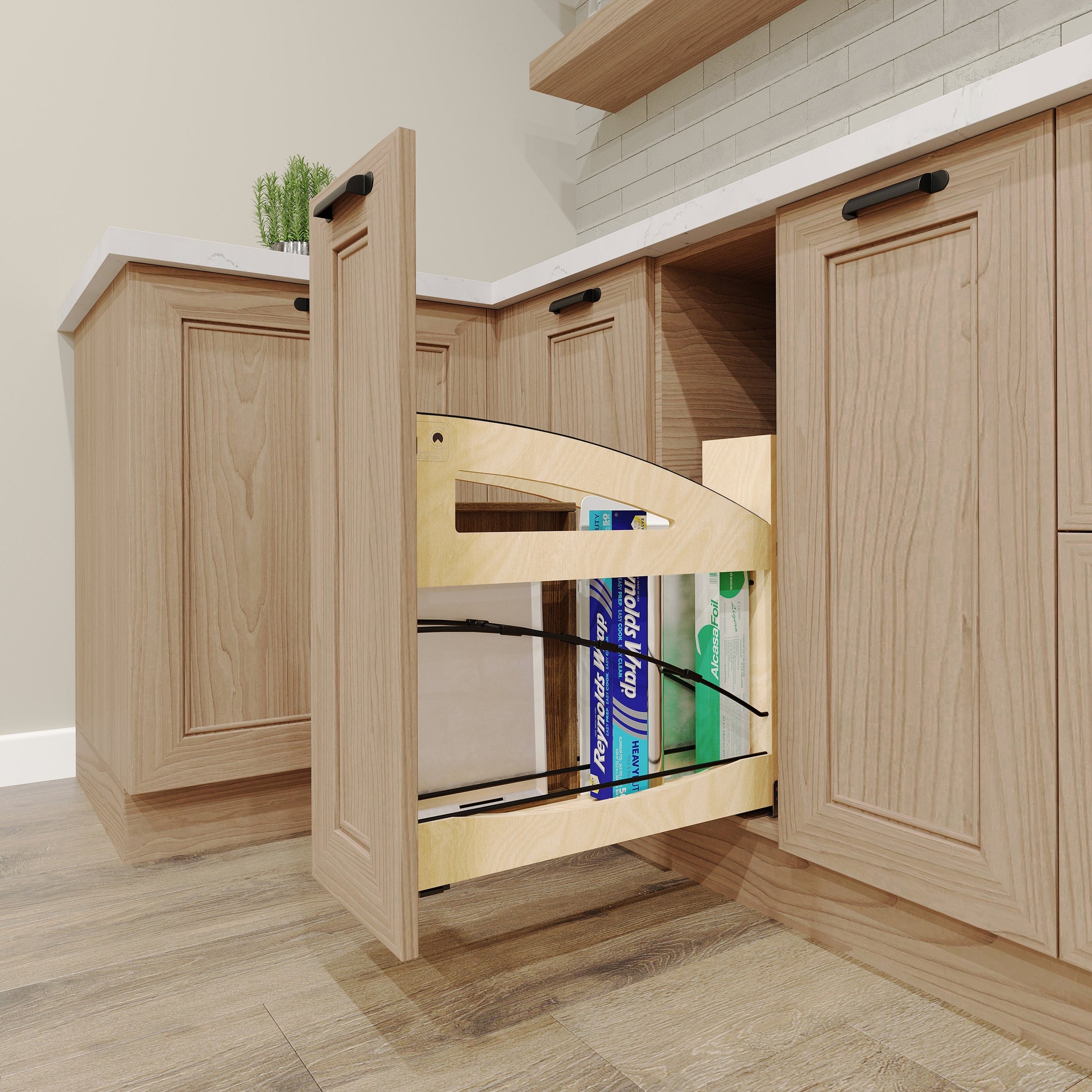 Craftsman Collection Solid Maple Tray Divider/Foil Wrap Holder Pullout w/ BLUM Soft-Close for 9” Base Cabinets