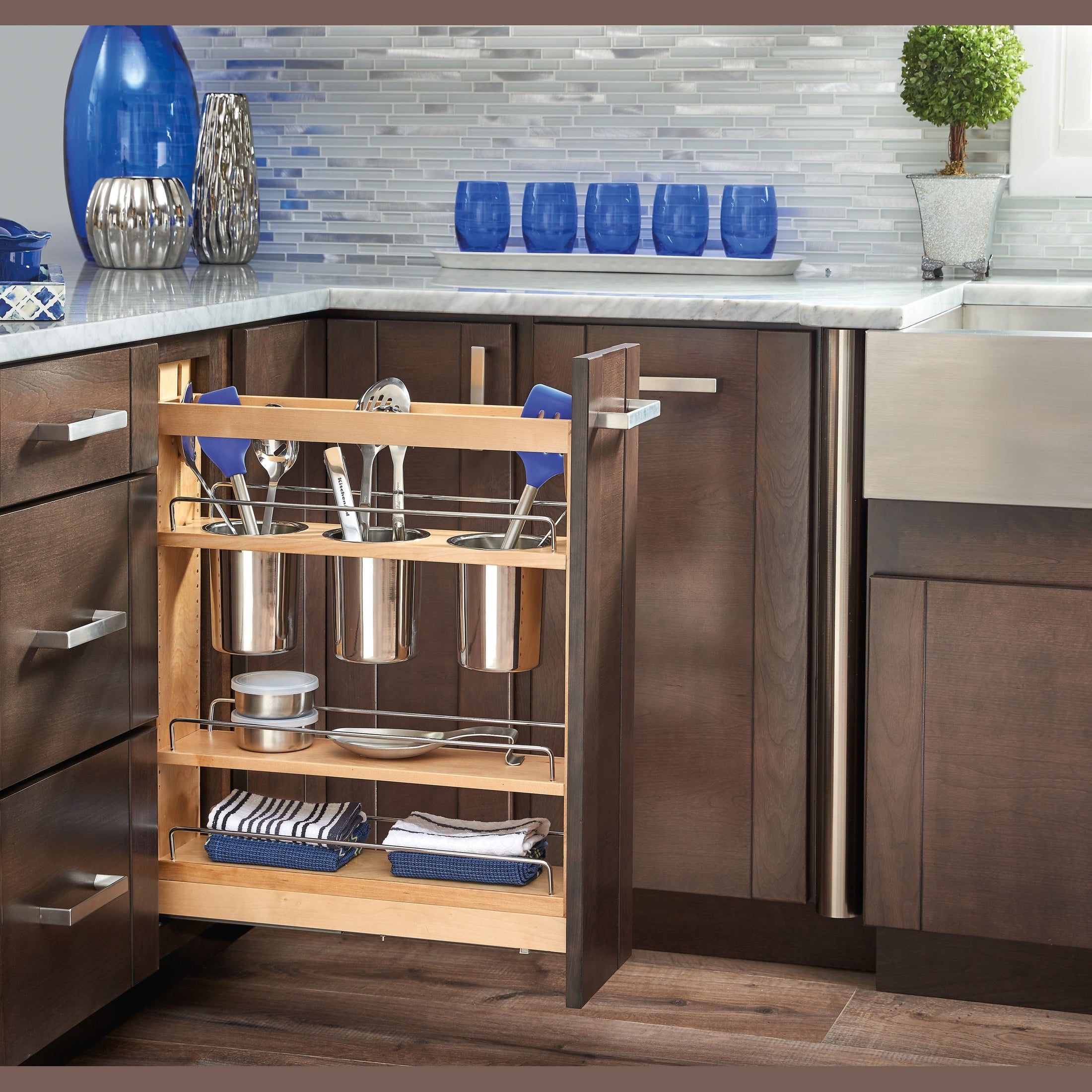 Maple Utensil Pullout Organizer w/ 3 bins and BLUM Soft-Close for 9" Base Cabinets