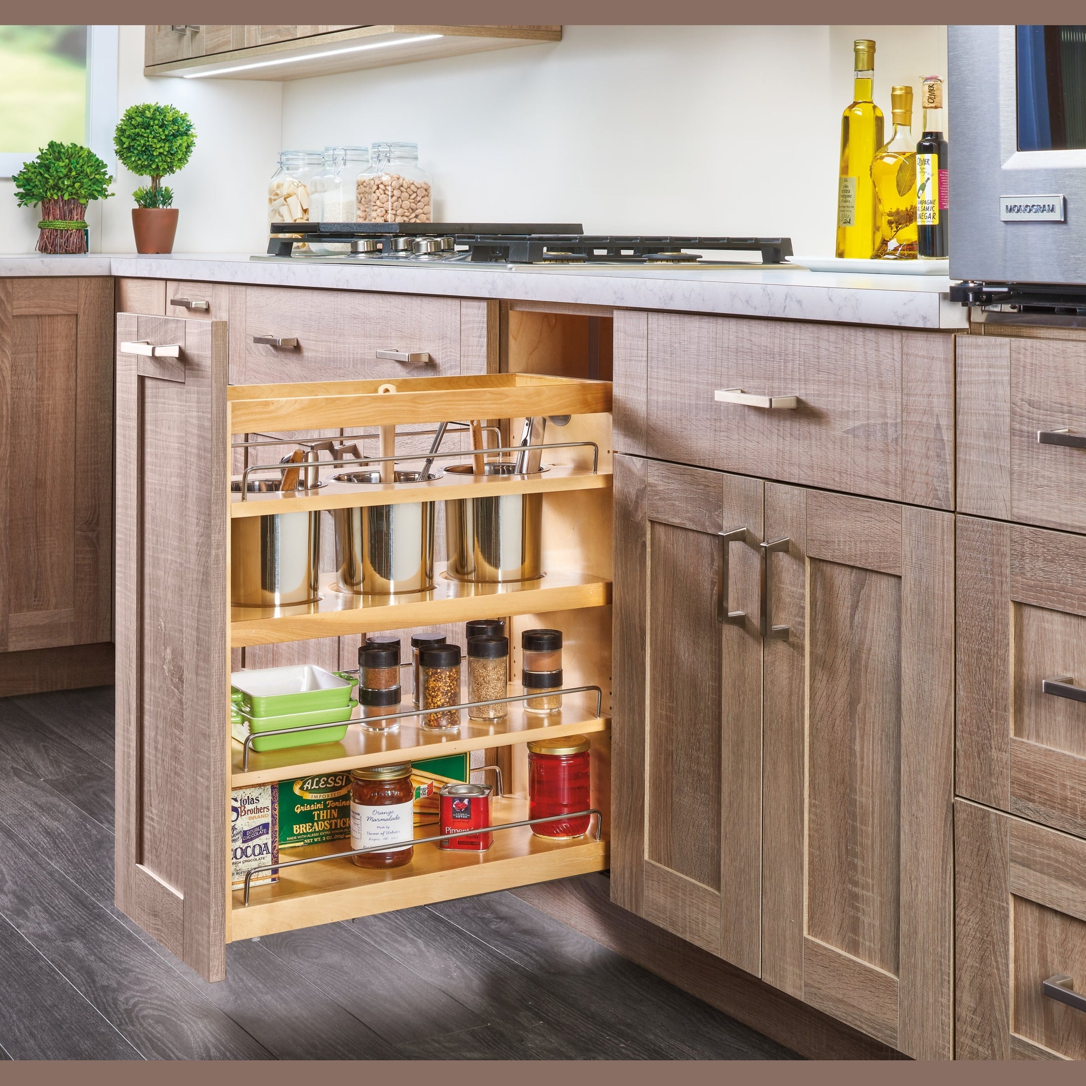 Natural Maple Bottom and Side Mount Two Shelf Utensil Bin Pullout w/ BLUMOTION Soft-Close for 12" Full-Access