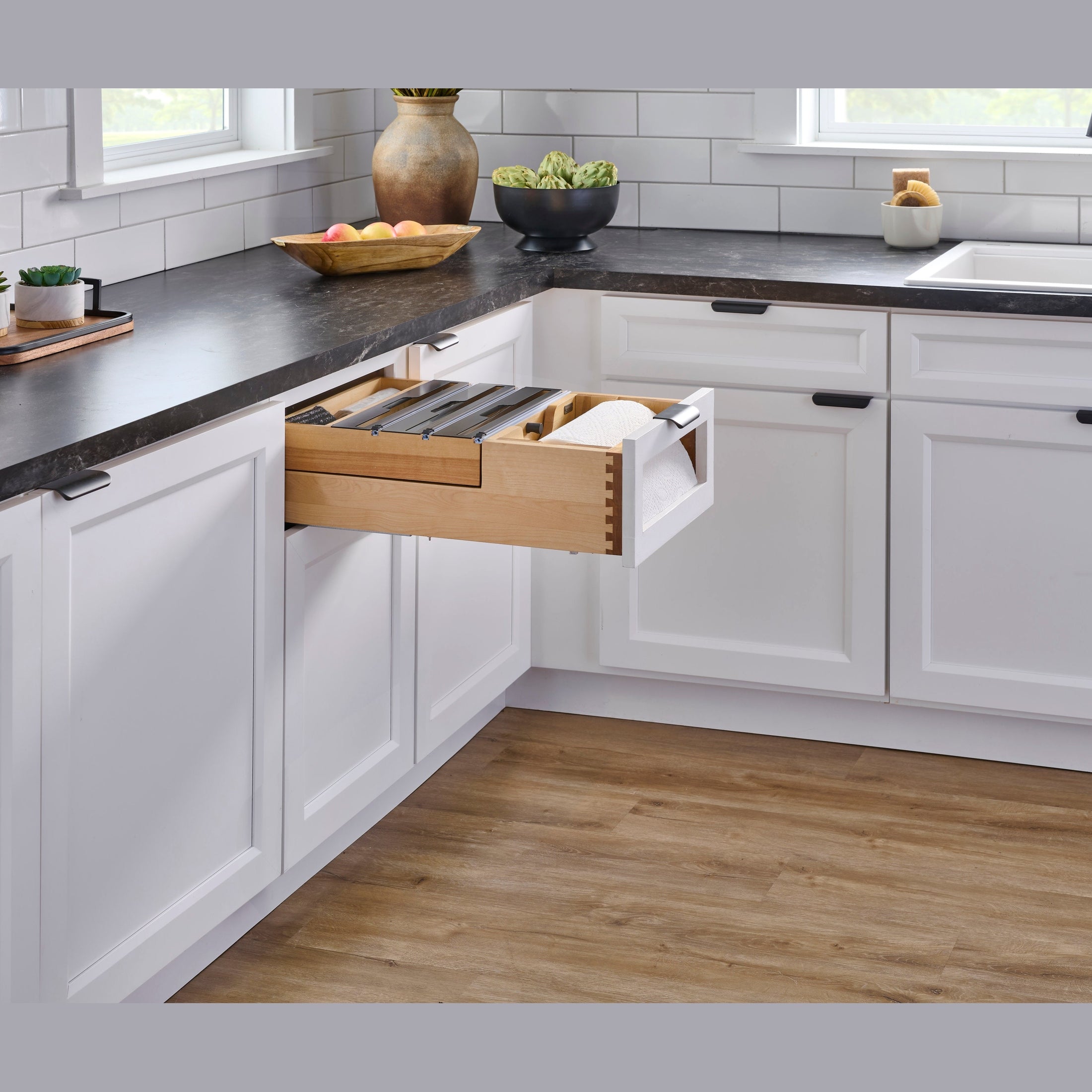REV-A-SHELF 4PTTD-18HSC-1 Natural Maple Paper Towel and Foil Wrap Tiered Drawer System w/ BLUM Soft-Close Slides for 18” Base Cabinets