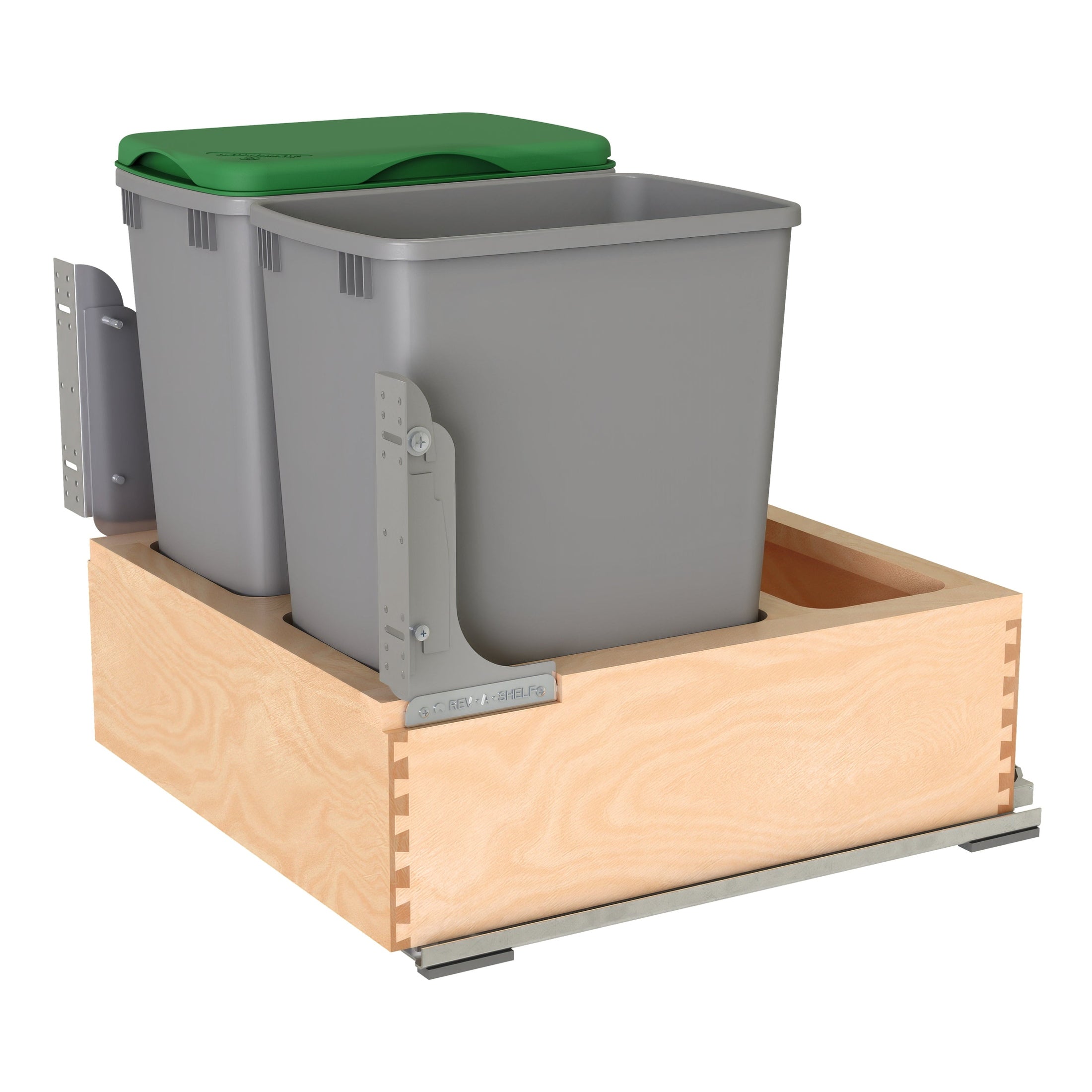 Double Silver 32 Qt. Maple Bottom Mount Pullout Waste Container w/ (1) Lid and BLUM Soft-Close Slides
