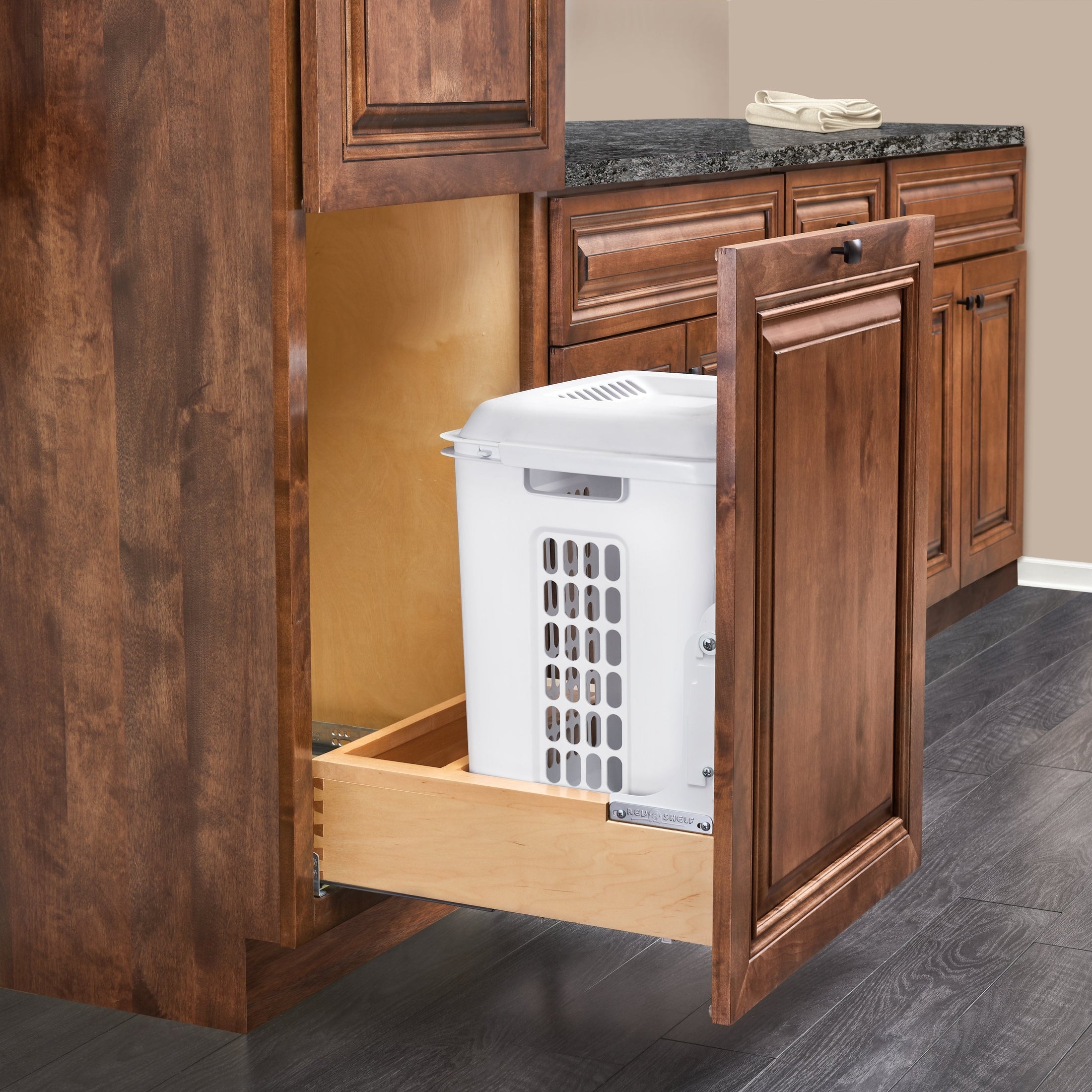 Natural Maple Bottom Mount Hamper Pullout w/ Blumotion Soft-Close for 24" Vanity/Closet Base Cabinets