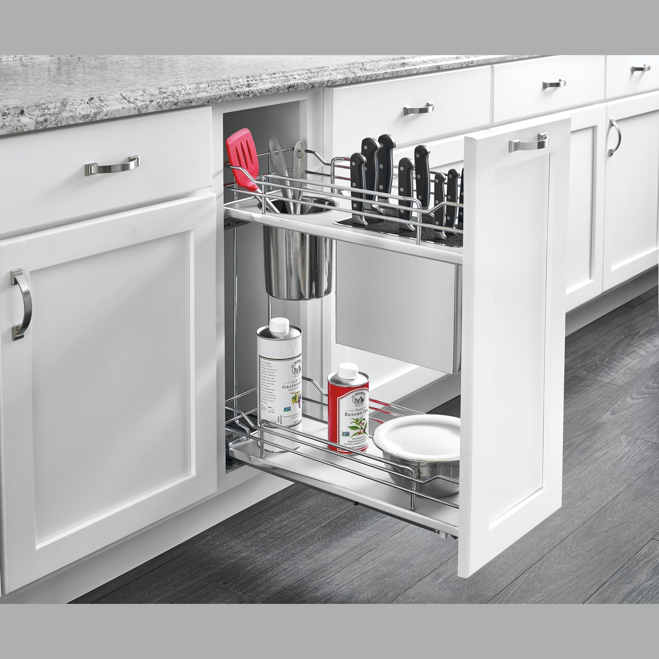 Gray Solid Bottom Chrome Wire Two-Tier Knife Block Pullout Organizer w/ BLUM Soft-Close for 15" Base Cabinets