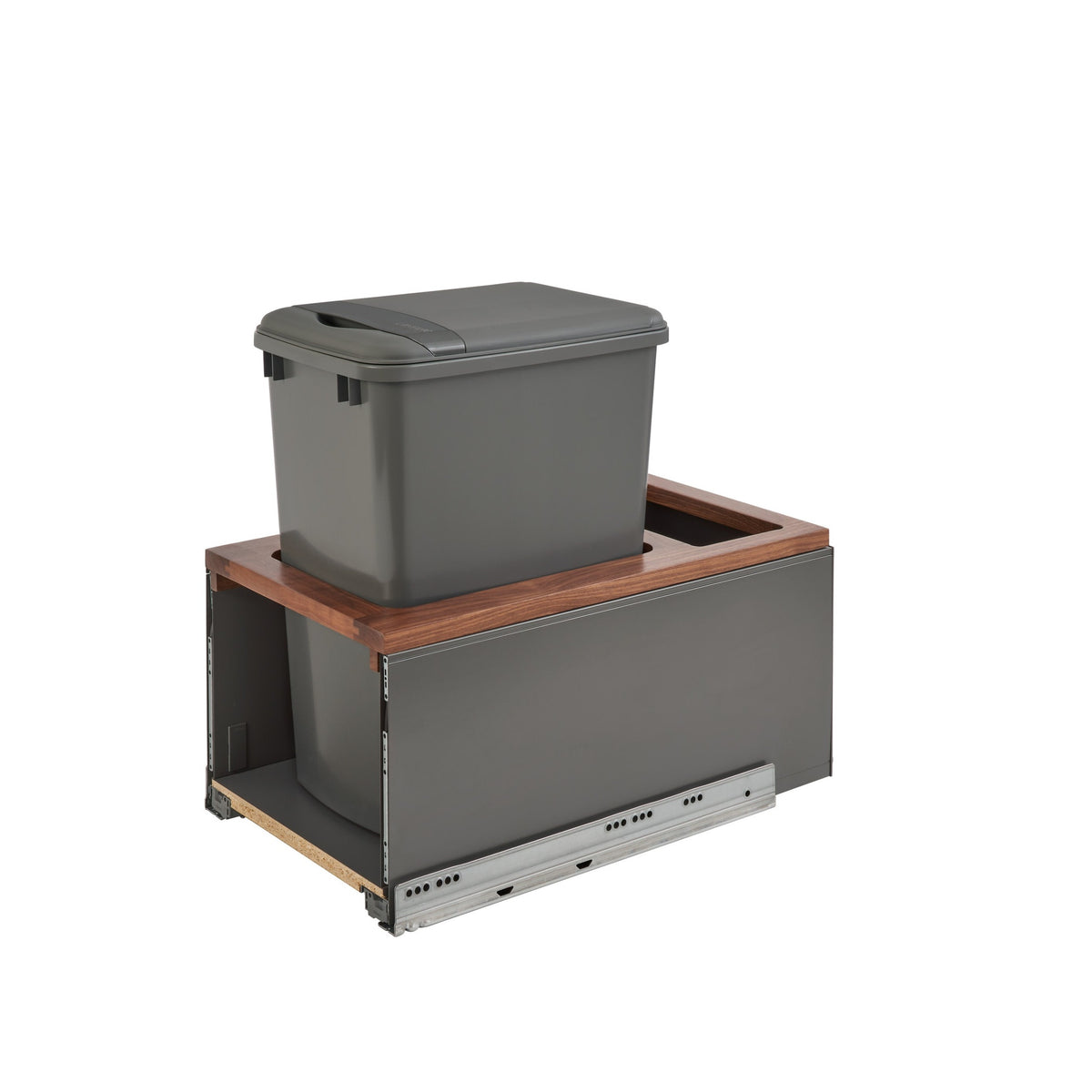 LEGRABOX Single 35 Qt. Orion Gray/Walnut Pullout Waste Container w/ BLUM Soft-Close for 15" Full-Height Frameless Base Cabinets