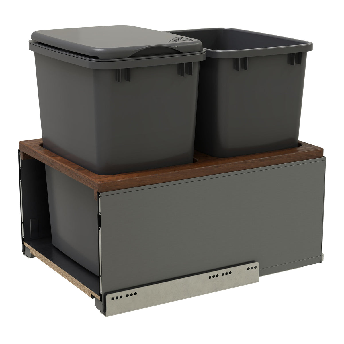 LEGRABOX Double 35 Qt. Orion Gray/Walnut Pullout Waste Container w/ BLUM Soft-Close for 18" Frameless Base Cabinets