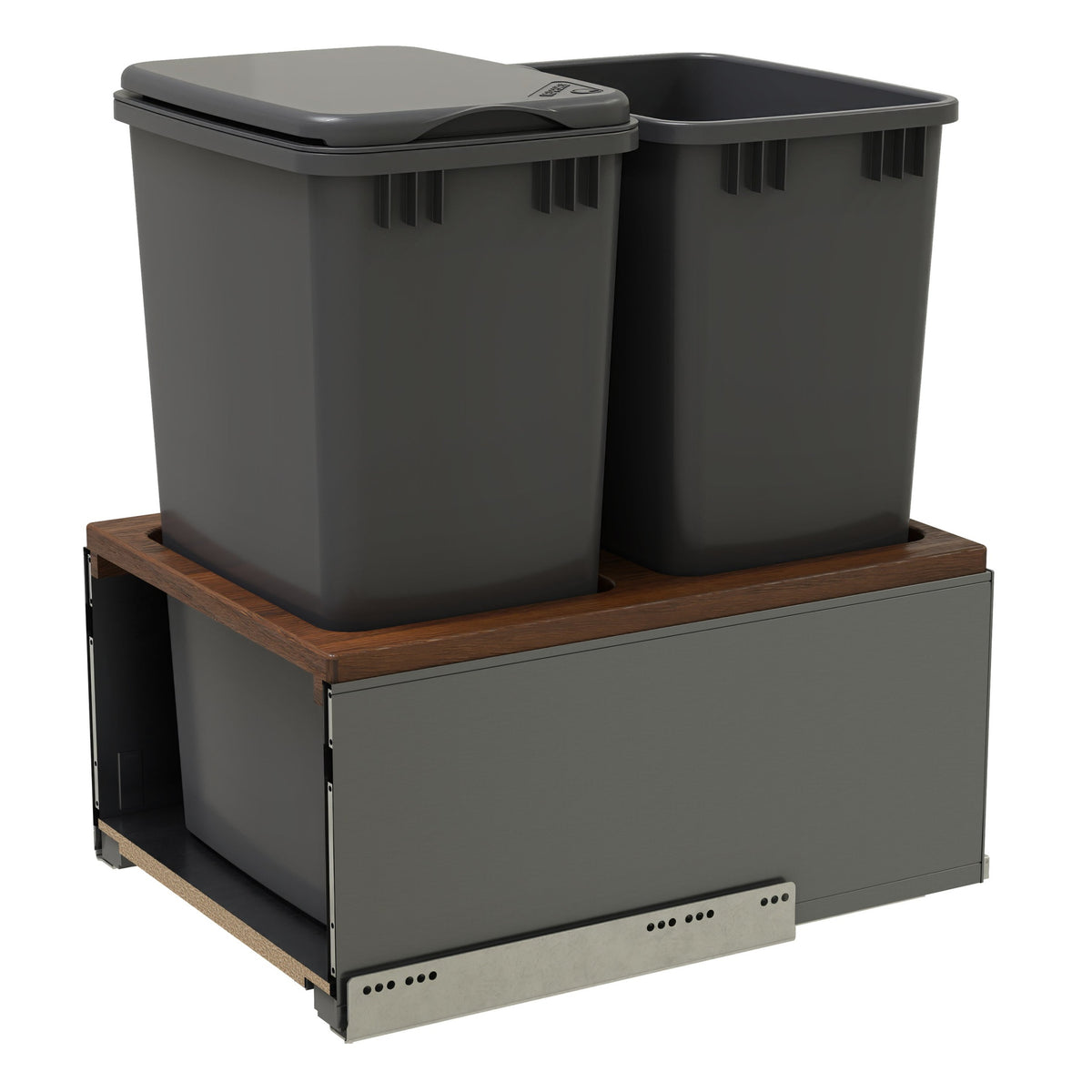 LEGRABOX Double 50 Qt. Orion Gray/Walnut Pullout Waste Container w/ BLUM Soft-Close for 18" Full-Height Frameless Base Cabinets