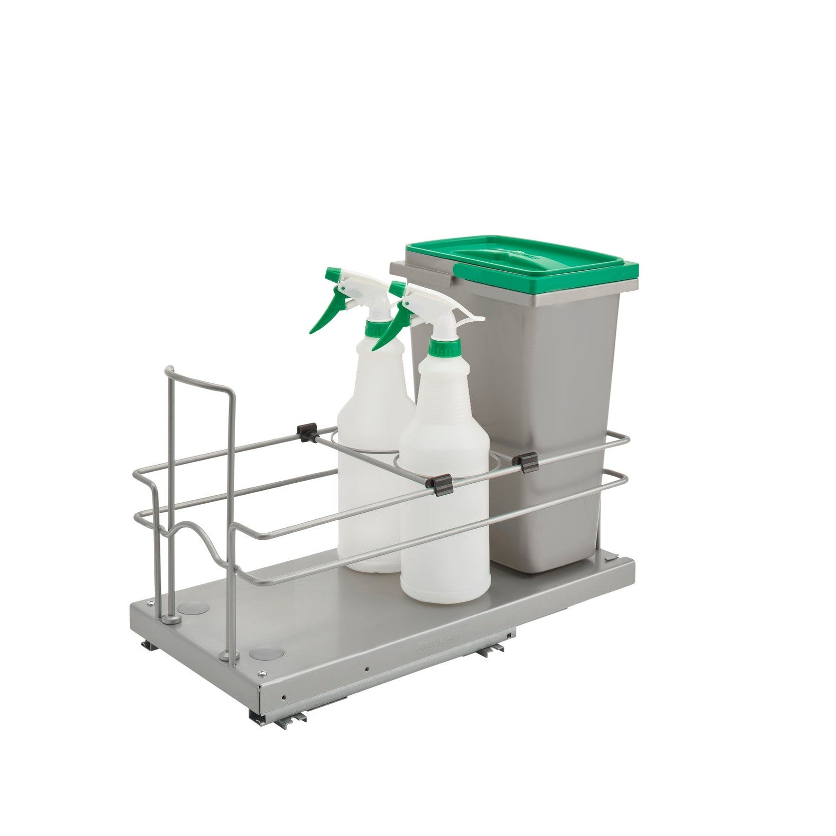Single 8 L Metallic Silver Waste Container w/ (2) Spray Bottles & Soft-Close for 24" Sink Base