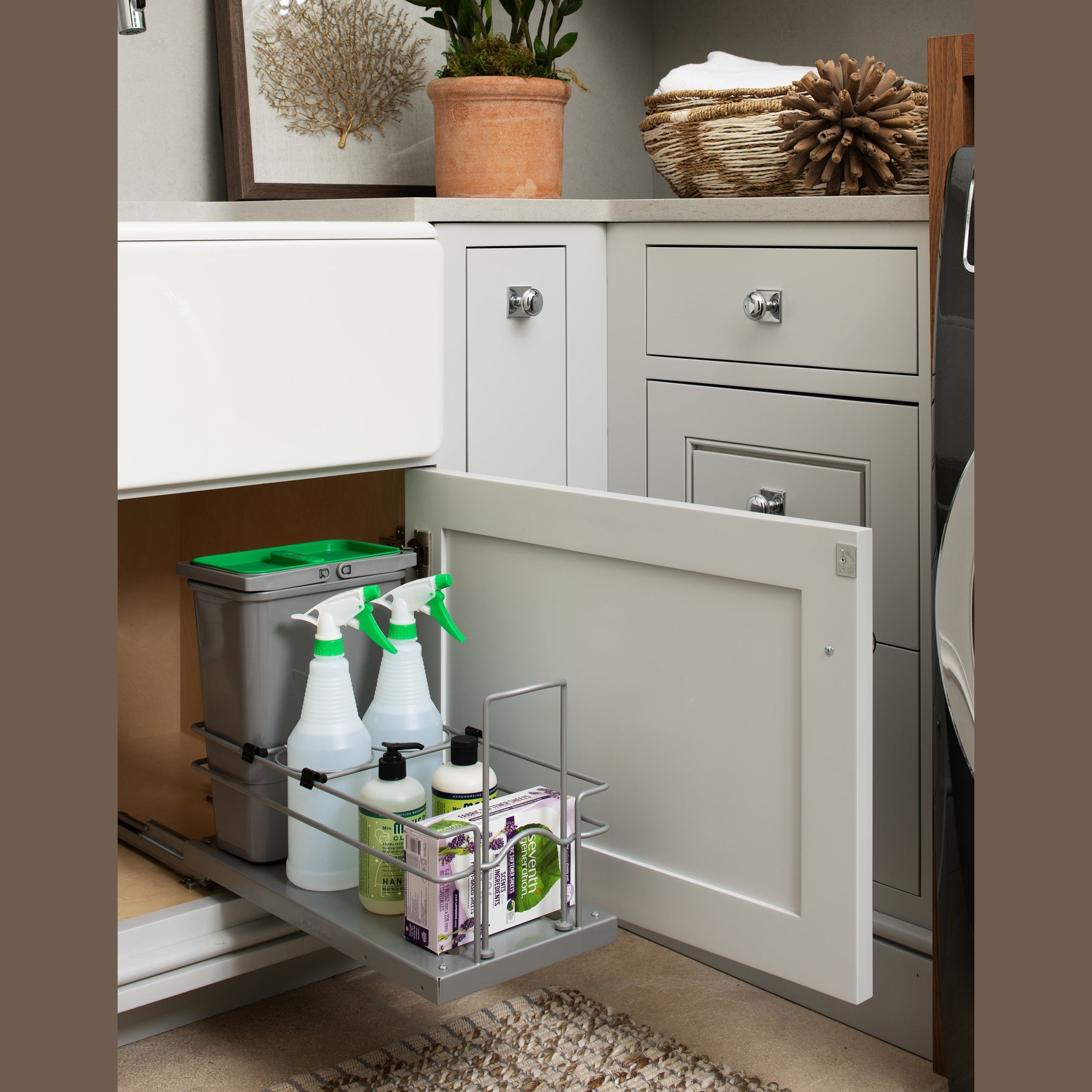 Single 8 L Metallic Silver Waste Container w/ (2) Spray Bottles & Soft-Close for 24" Sink Base