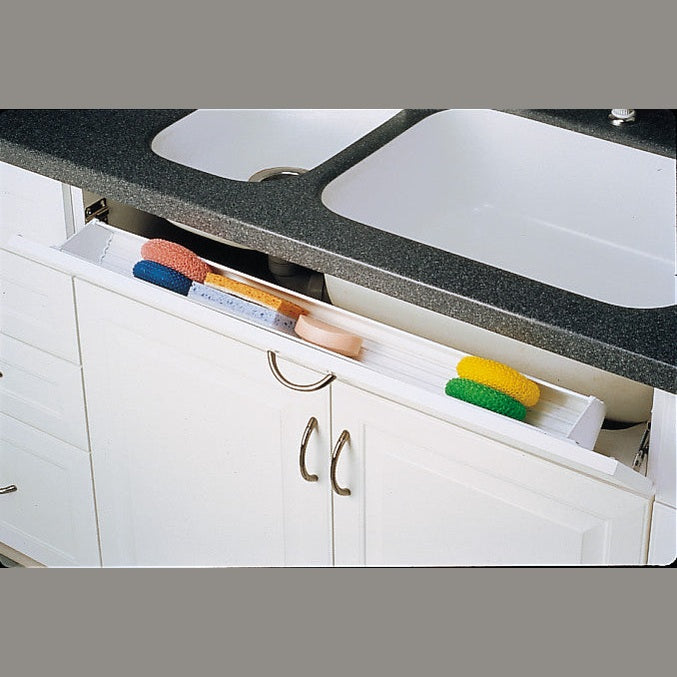 36 in. White Polymer Slim Series Tip-Out Sink Front Tray w/ Hinges and End Caps