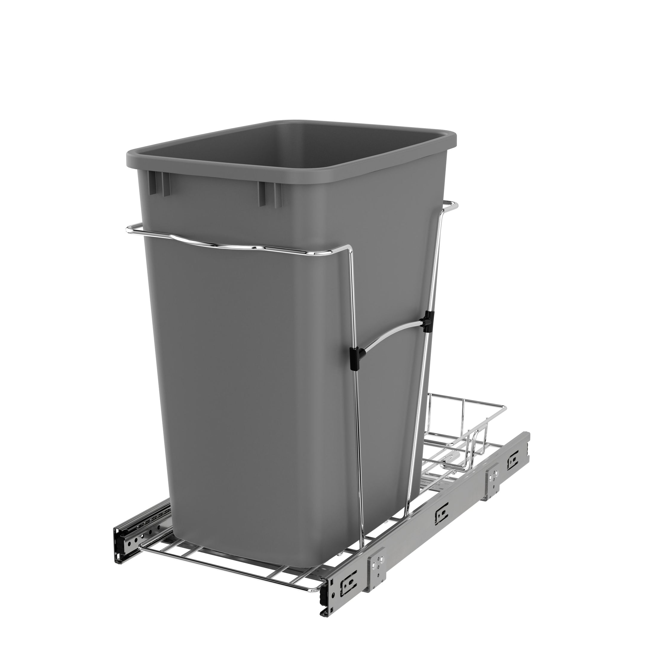 Single Silver 35 Qt. Chrome Steel Wire Bottom Mount Waste Container w/ Detachable Storage Basket and Full-Extension Slides for 15" Base Cabinets