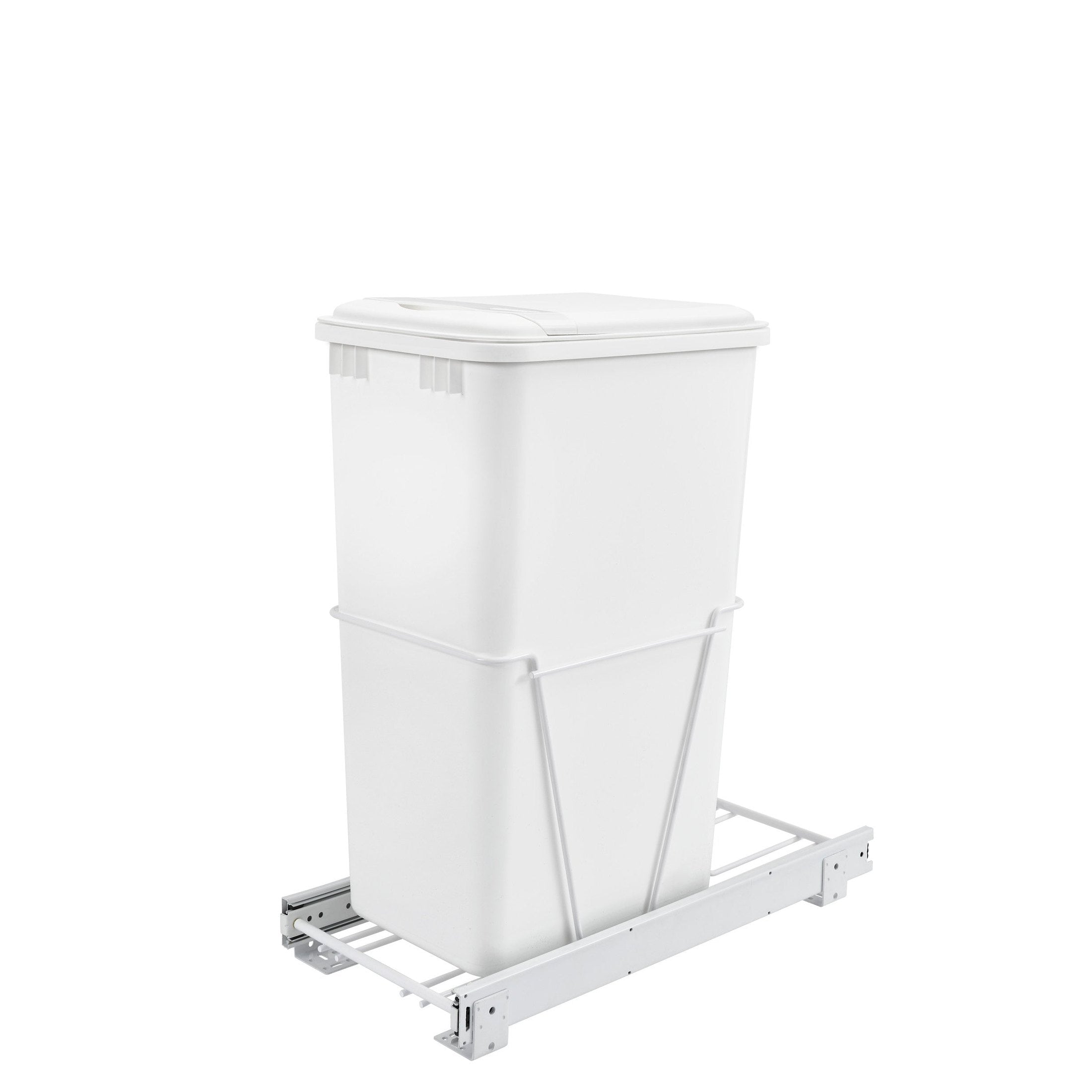 Single White 50 Qt. White Steel Wire Bottom Mount Waste Container w/ Lid and Full-Extension Slides for 15" Base Cabinets