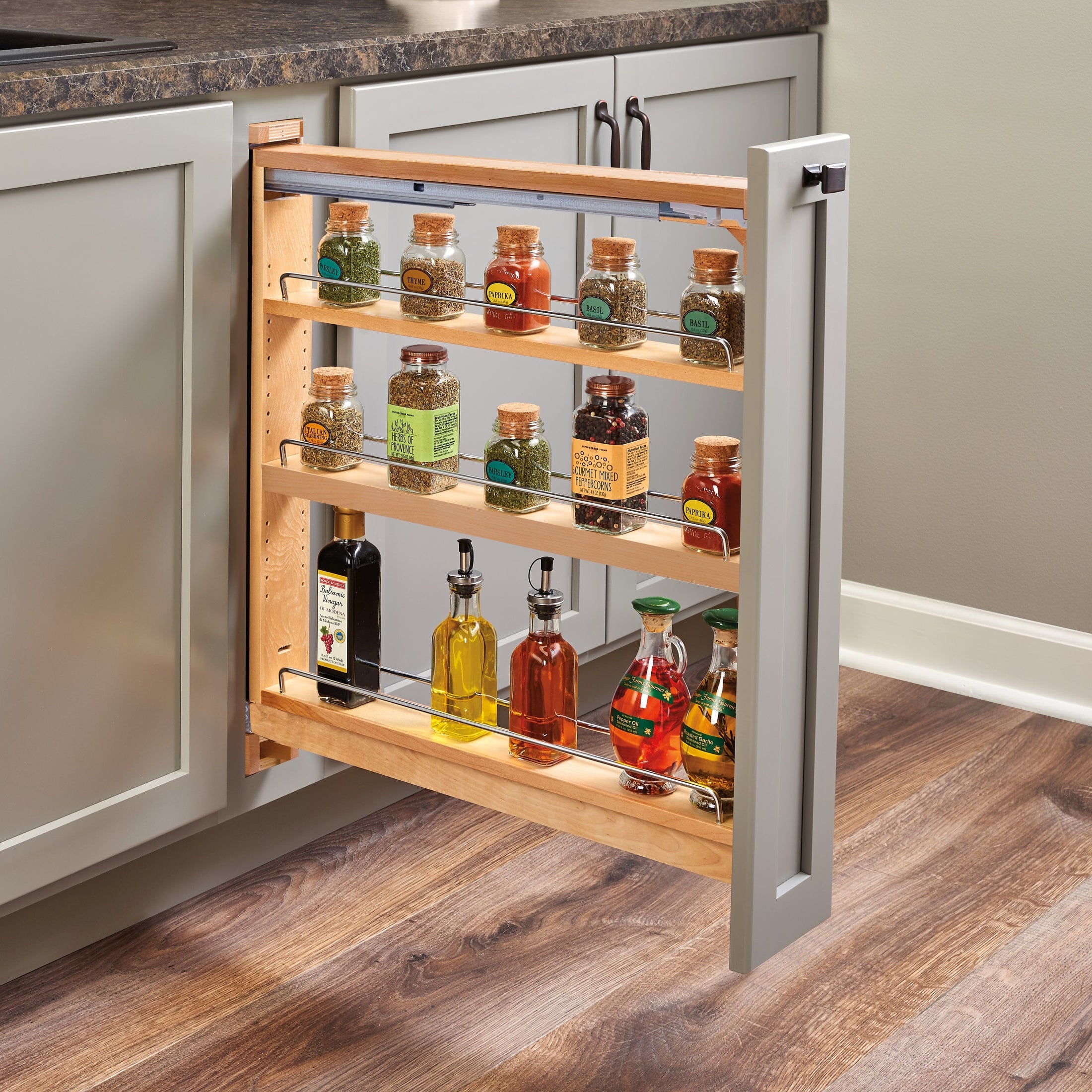 3" Natural Maple Top Slide (3) Shelf Between Cabinet Base Organizer Pullout w/ BLUMOTION Soft-Close for 6"