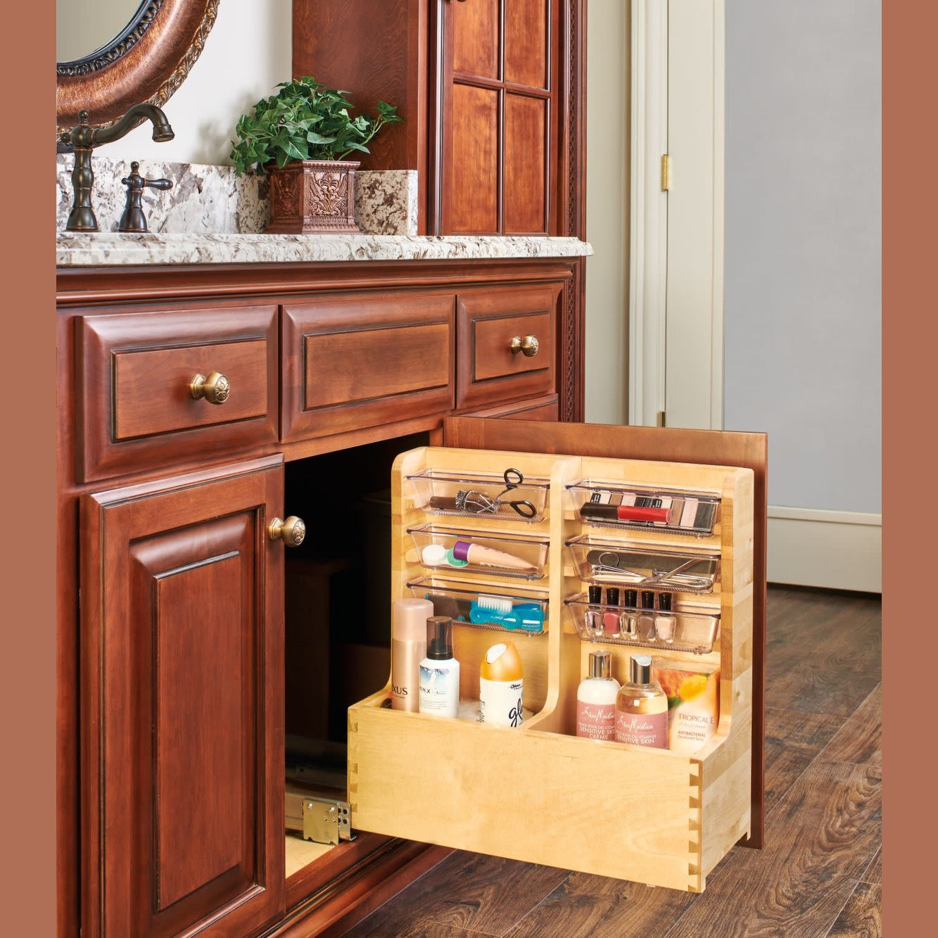 Natural Maple L-Shaped Vanity Sink Base Pullout w/ BLUMOTION Soft-Close for 24" Sink Base