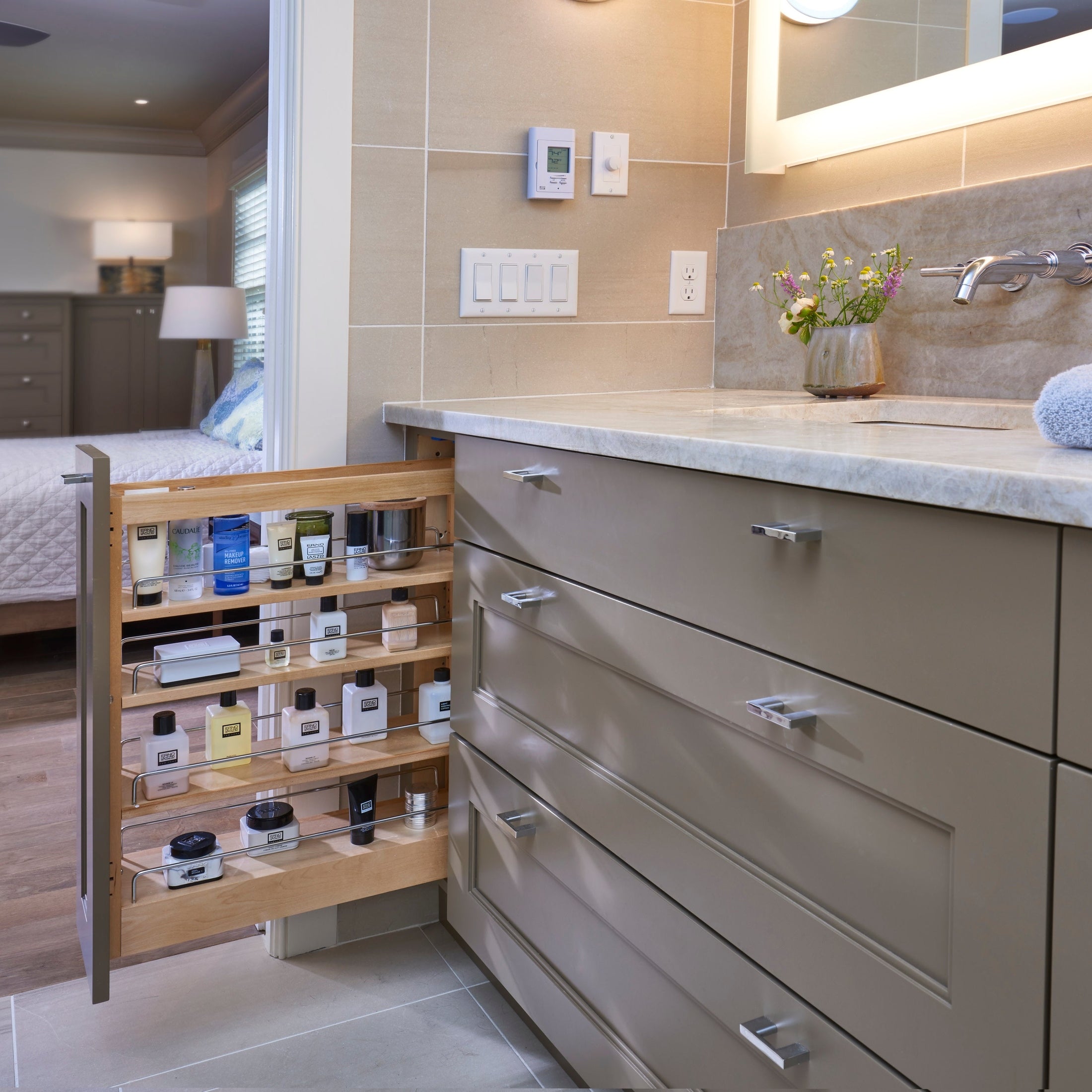 Maple Pullout Organizer w/ BLUM Soft-Close for 9" Vanity Base Cabinets