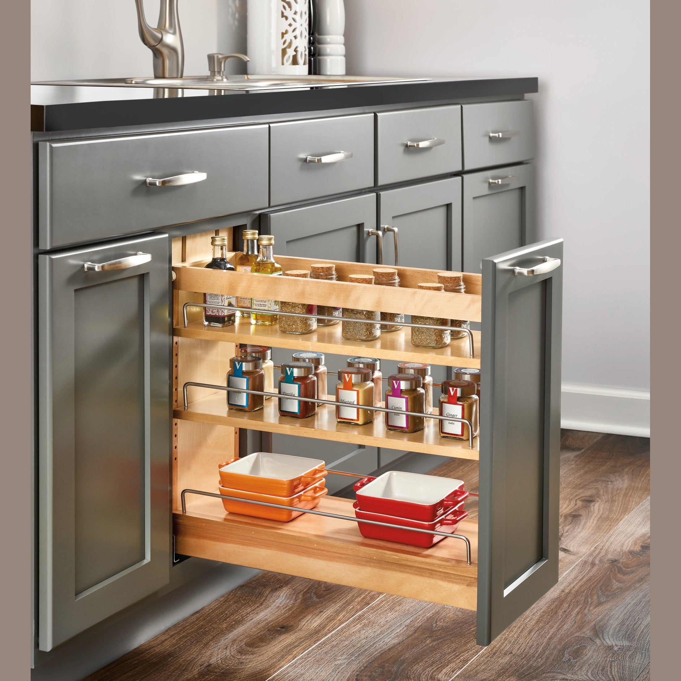 Natural Maple (3) Shelf Drawer Door Organizer Pullout w/ BLUMOTION Soft-Close for 15" Base Cabinet