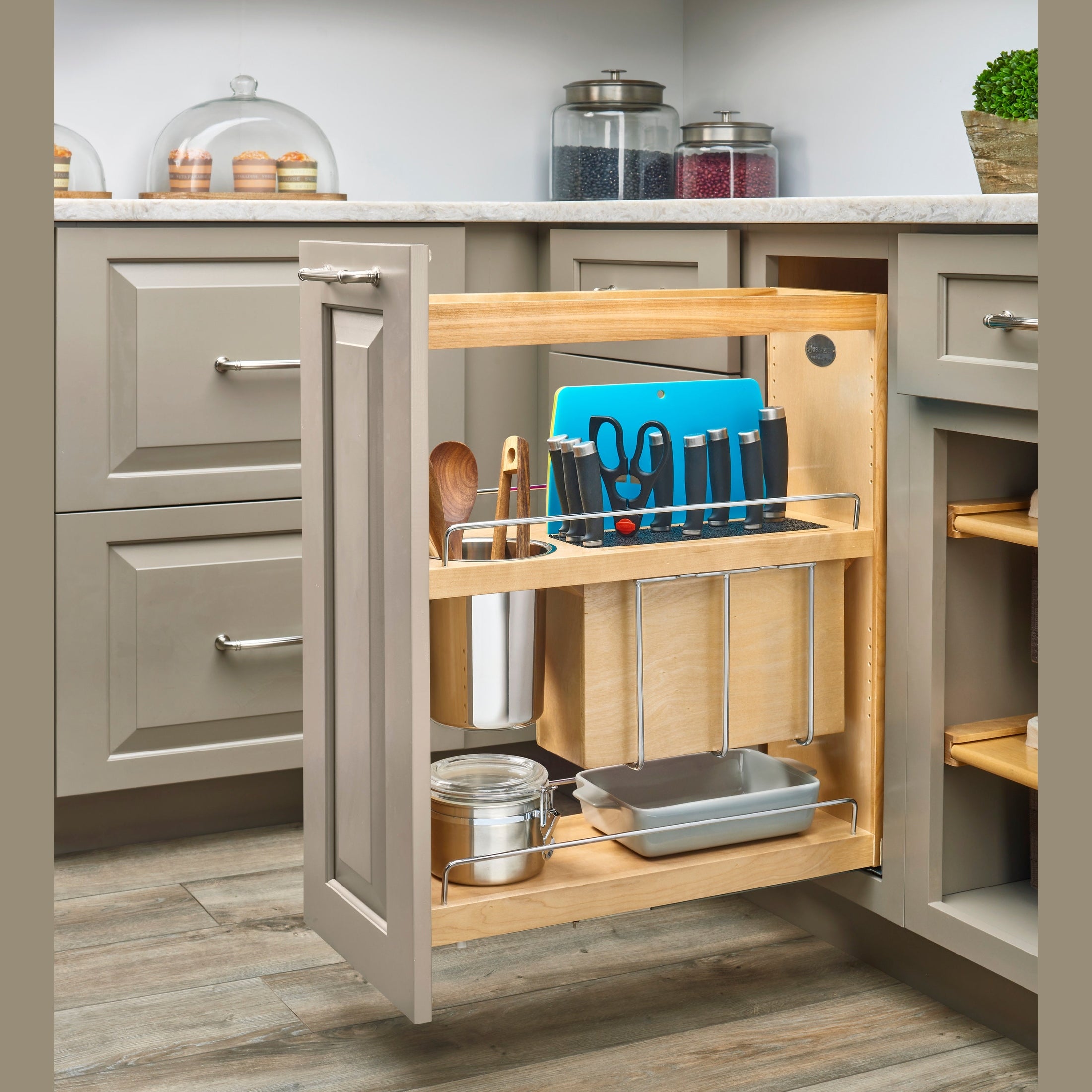 Natural Maple Bottom and Side Mount Knife Block/Utensil Pullout w/ BLUMOTION Soft-Close for 12" Face Frame