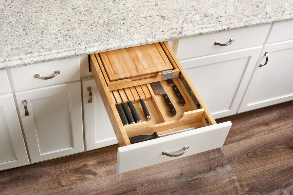 REV-A-SHELF 4KCB-18HSC-1 Natural Maple Knife/Cutting Board Drawer w/ BLUMOTION Soft-Close for 18" Face Frame Base