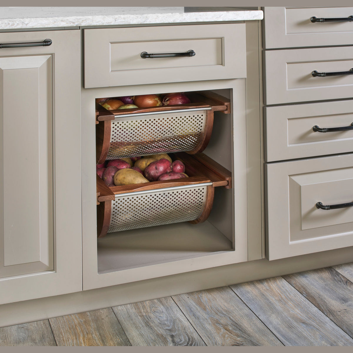 Walnut/Stainless-Steel Produce Basket for 15” Base Cabinets