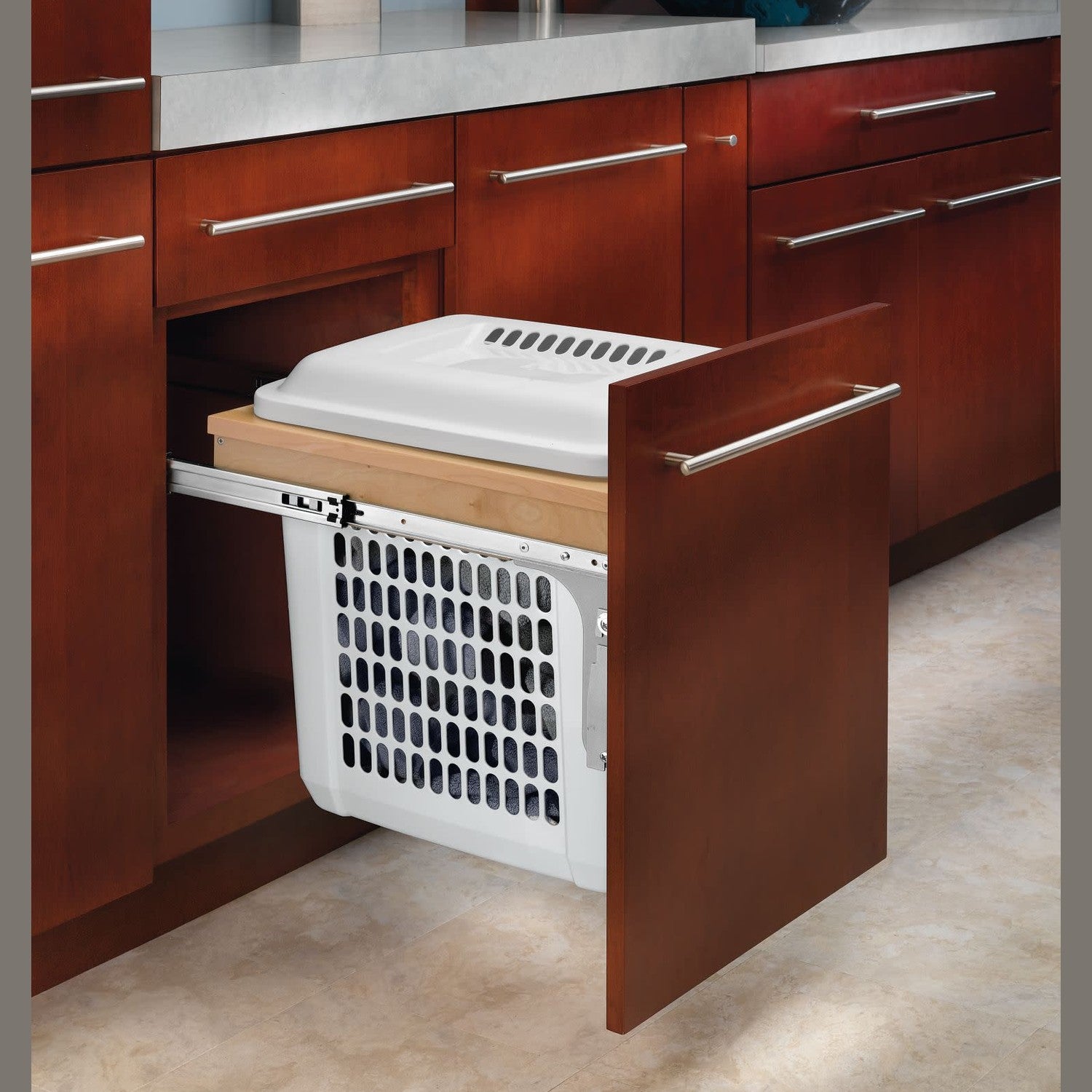 Natural Maple Top Mount Hamper Pullout w/ 1.5 BU White Hamper for 18" Vanity Base