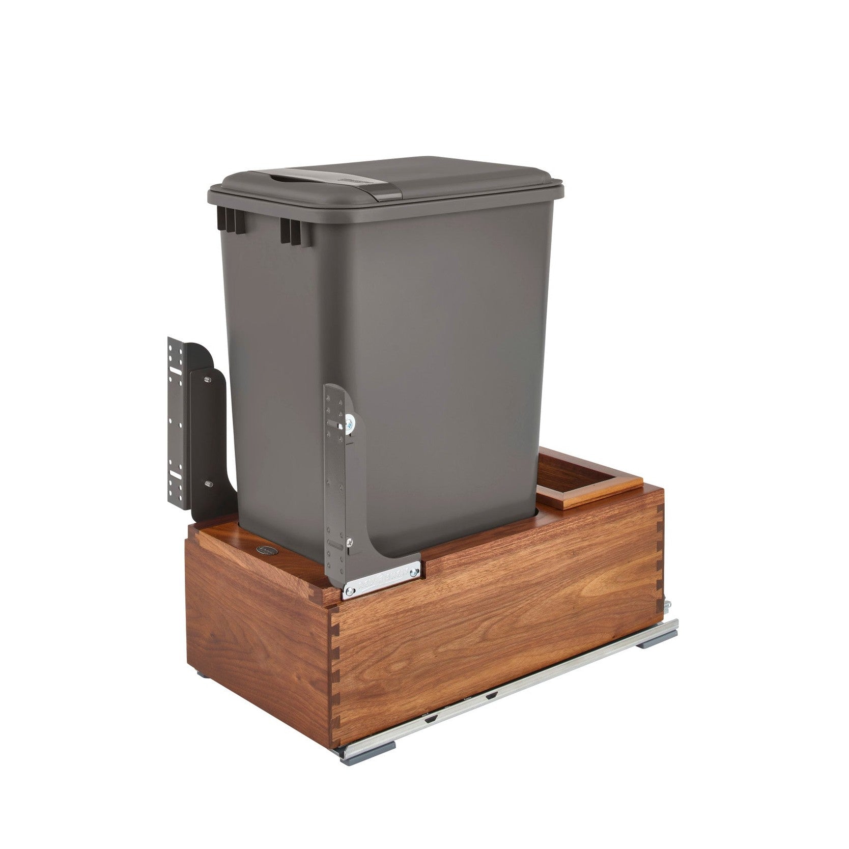 Single Silver 50 Qt. Walnut Bottom Mount Pullout Waste Container w/ (1) Lid and BLUM Soft-Close Slides