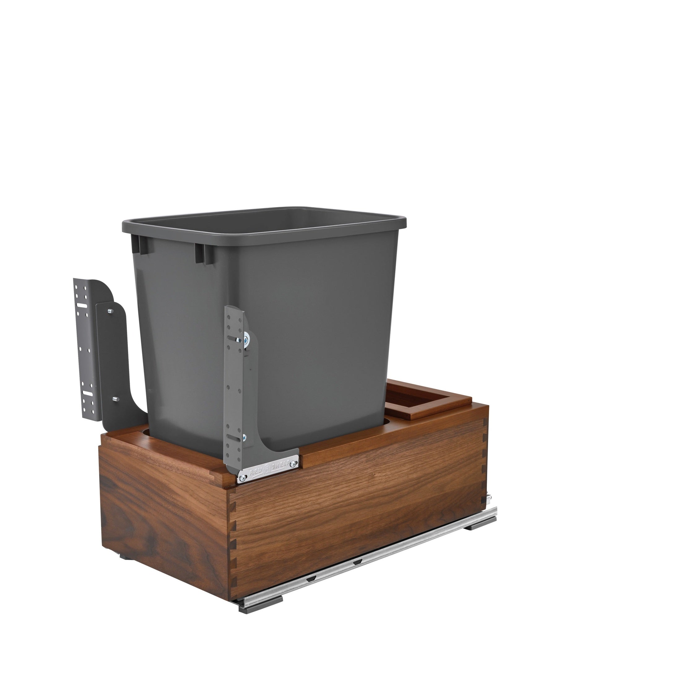 Single Silver 35 Qt. Walnut Bottom Mount Pullout Waste Container w/ (1) Lid and BLUM Soft-Close Slides