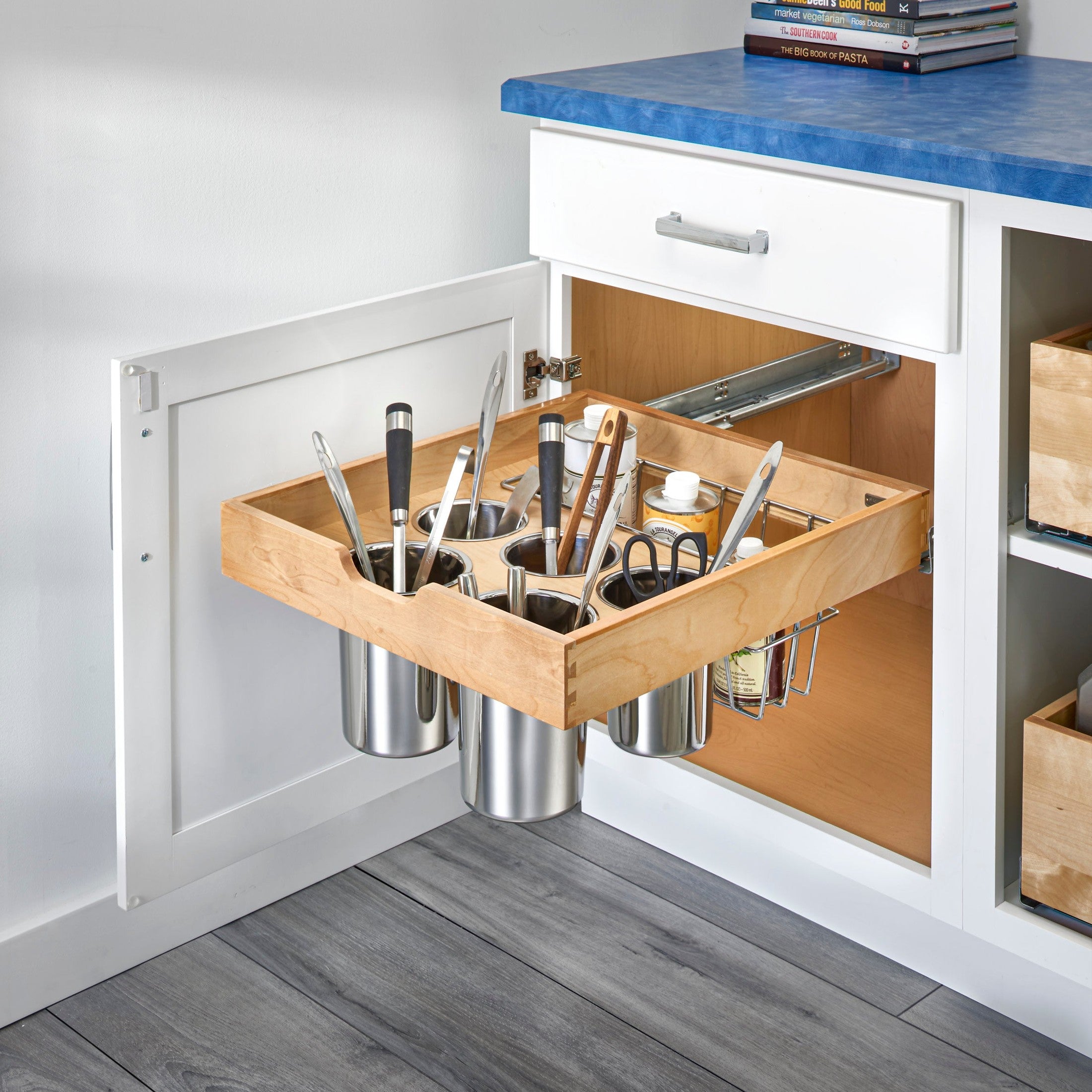 24" Wood Base Cabinet Side-Mount Utensil Pullout w/ BLUM Soft-Close Slides