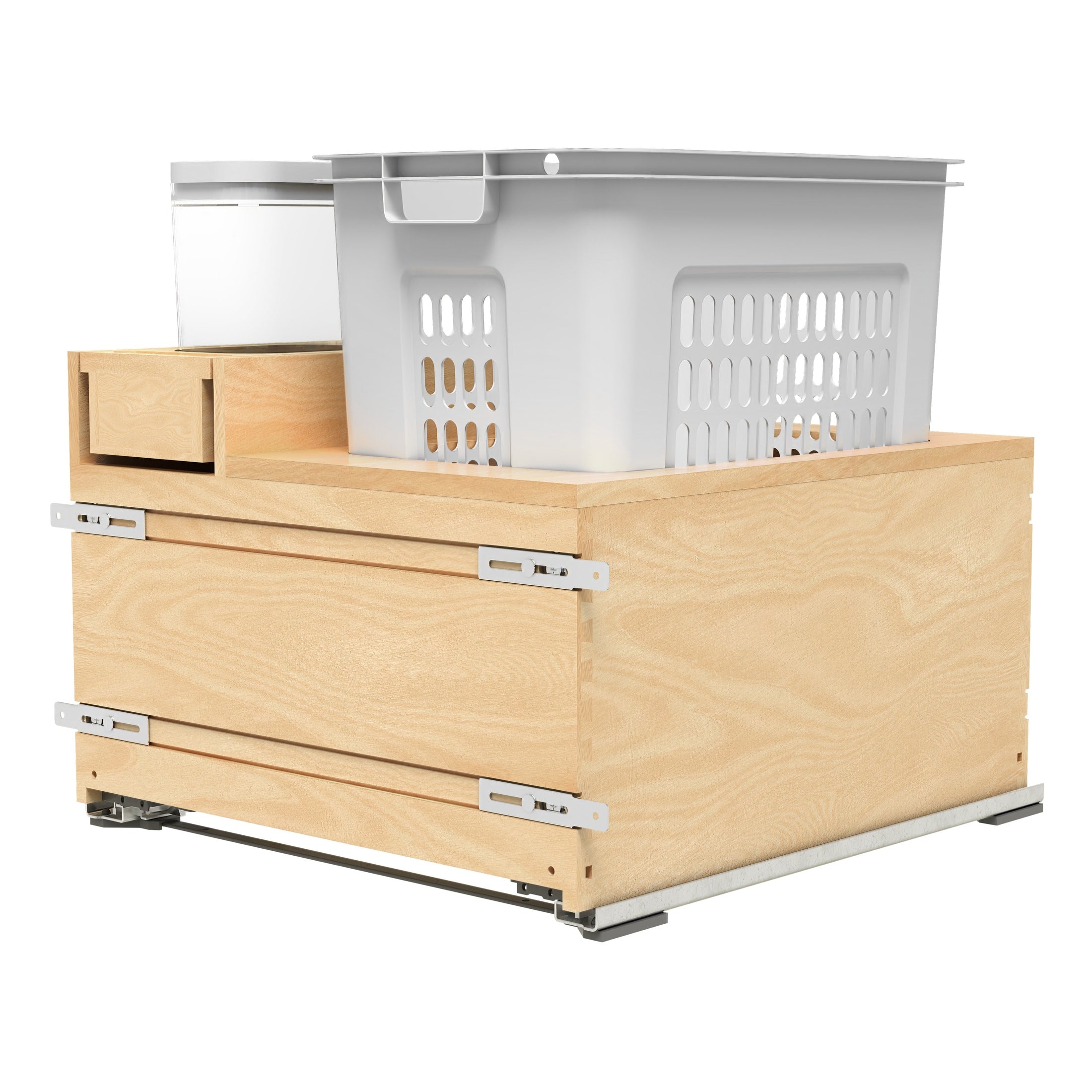 24" Wood Base Cabinet Bottom Mount Hamper Pullout with Single White 1.5 BU Hamper and a Single 1.7 qt. OXO Container w/ BLUM Soft-Close Slides