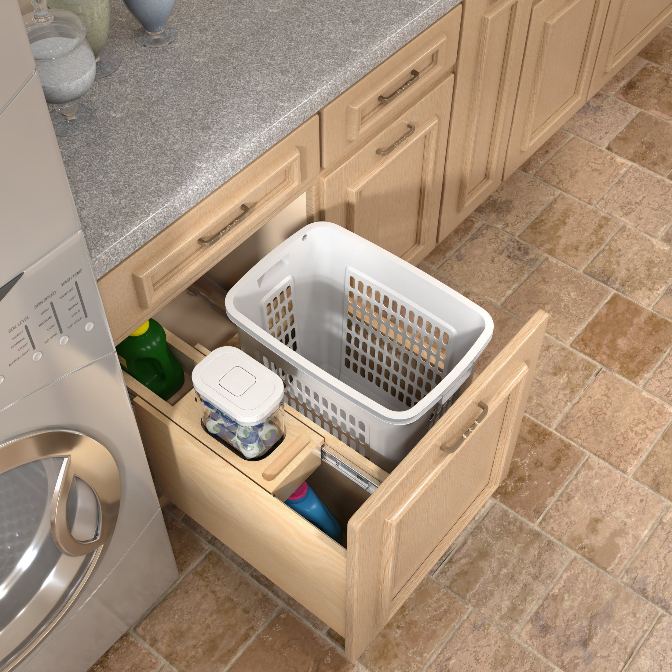 24" Wood Base Cabinet Bottom Mount Hamper Pullout with Single White 1.5 BU Hamper and a Single 1.7 qt. OXO Container w/ BLUM Soft-Close Slides