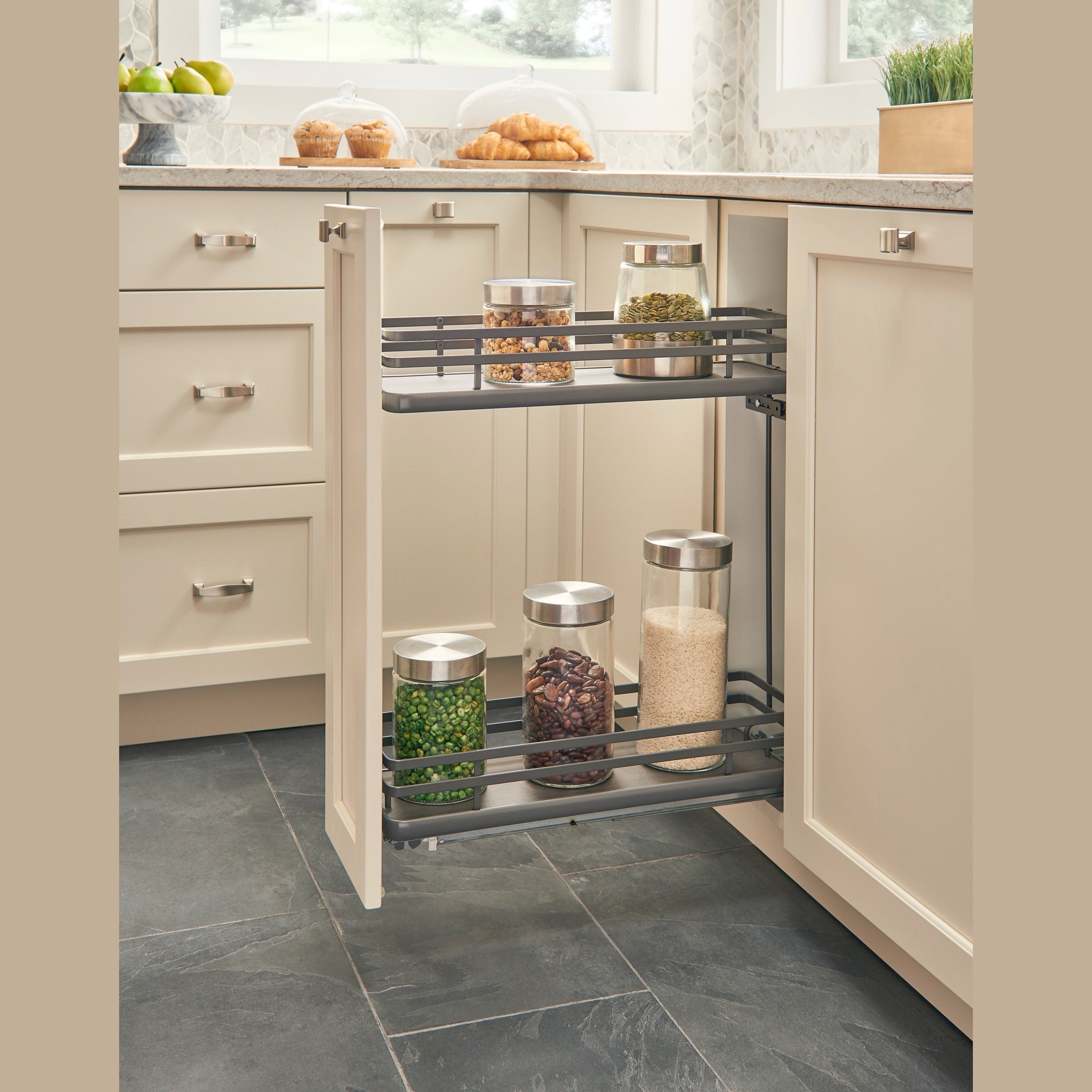 Orion Gray Solid Bottom Flat Wire Two-Tier Contemporary Base Cabinet Pullout w/ BLUMOTION Soft-Close for 9" Full-Access Base
