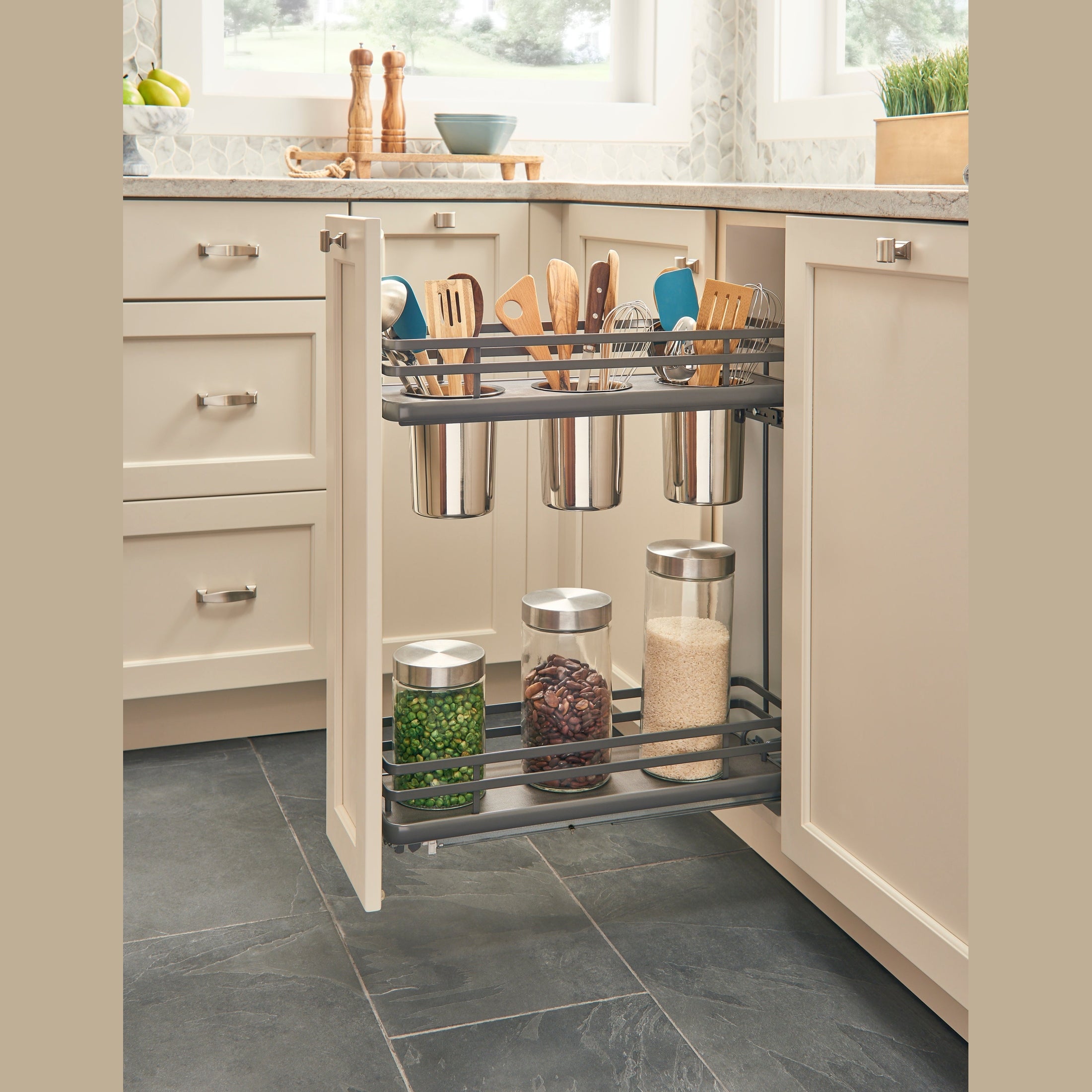 Orion Gray Solid Bottom Flat Wire Frame Contemporary Base Cabinet Pullout w/ Utensil Bins and BLUMOTION Soft-Close for 12" Full-Access Base