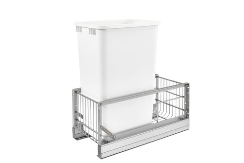 Aluminum Single White 50 Qt. Pullout Waste Container w/ Soft-Close for 15" Base Cabinets