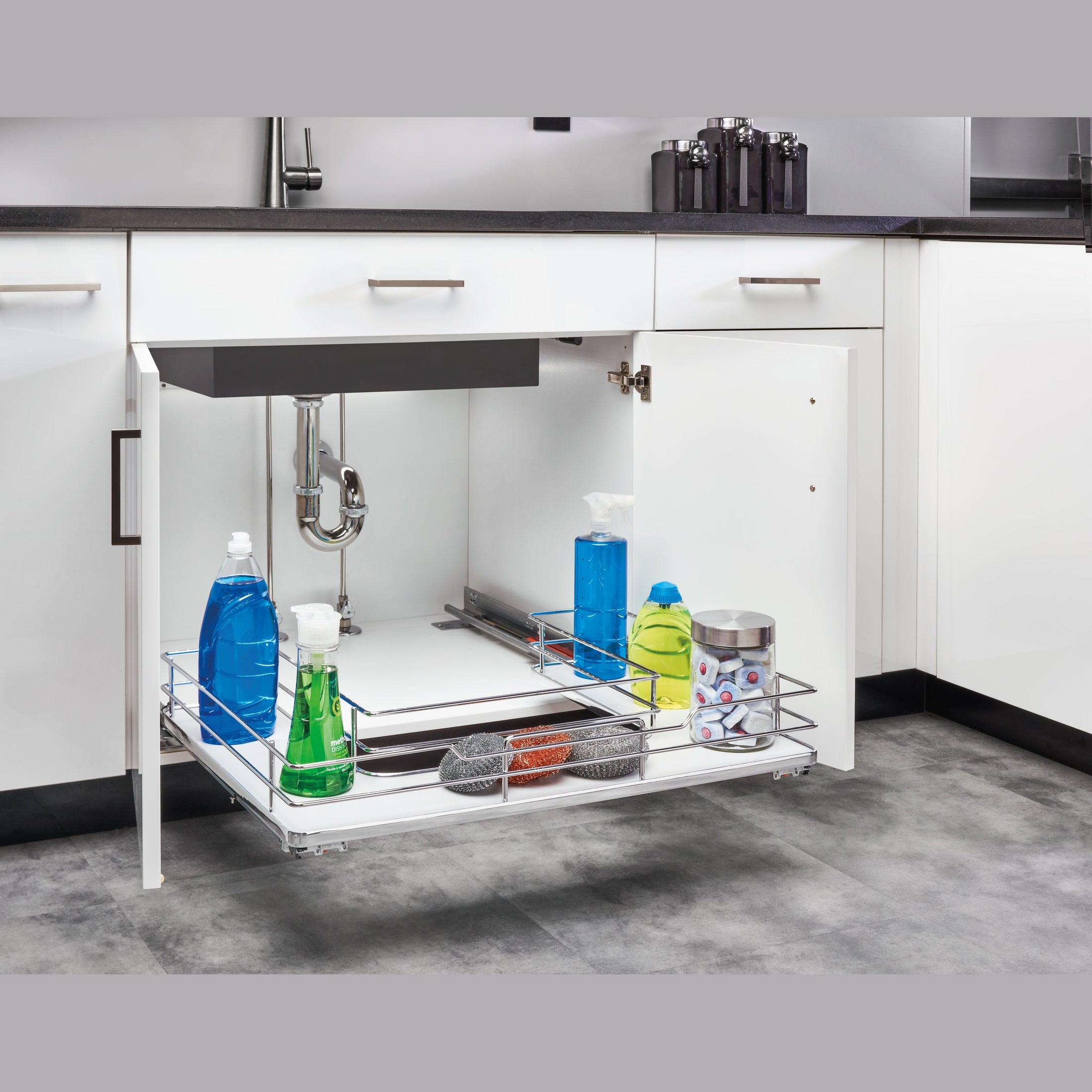 Gray Solid Bottom U-Shaped Vanity Pullout w/ BLUMOTION Soft-Close for 33" Sink Base