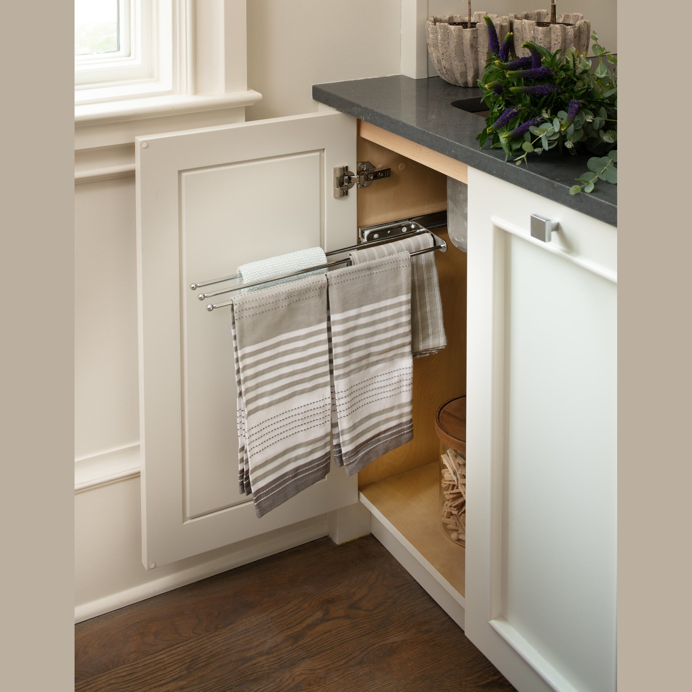 White Undersink 3-Prong Pullout Dish Towel Bar