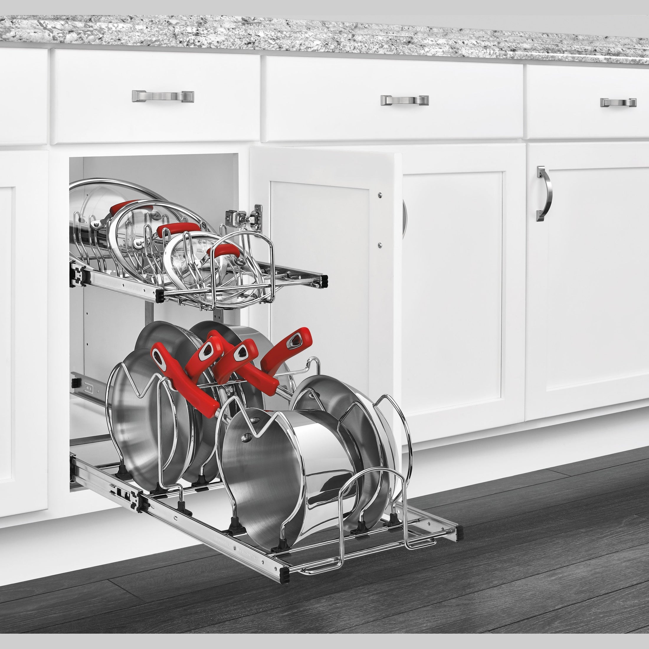 12 in. Pullout Two-Tier Base Cabinet Cookware Organizer