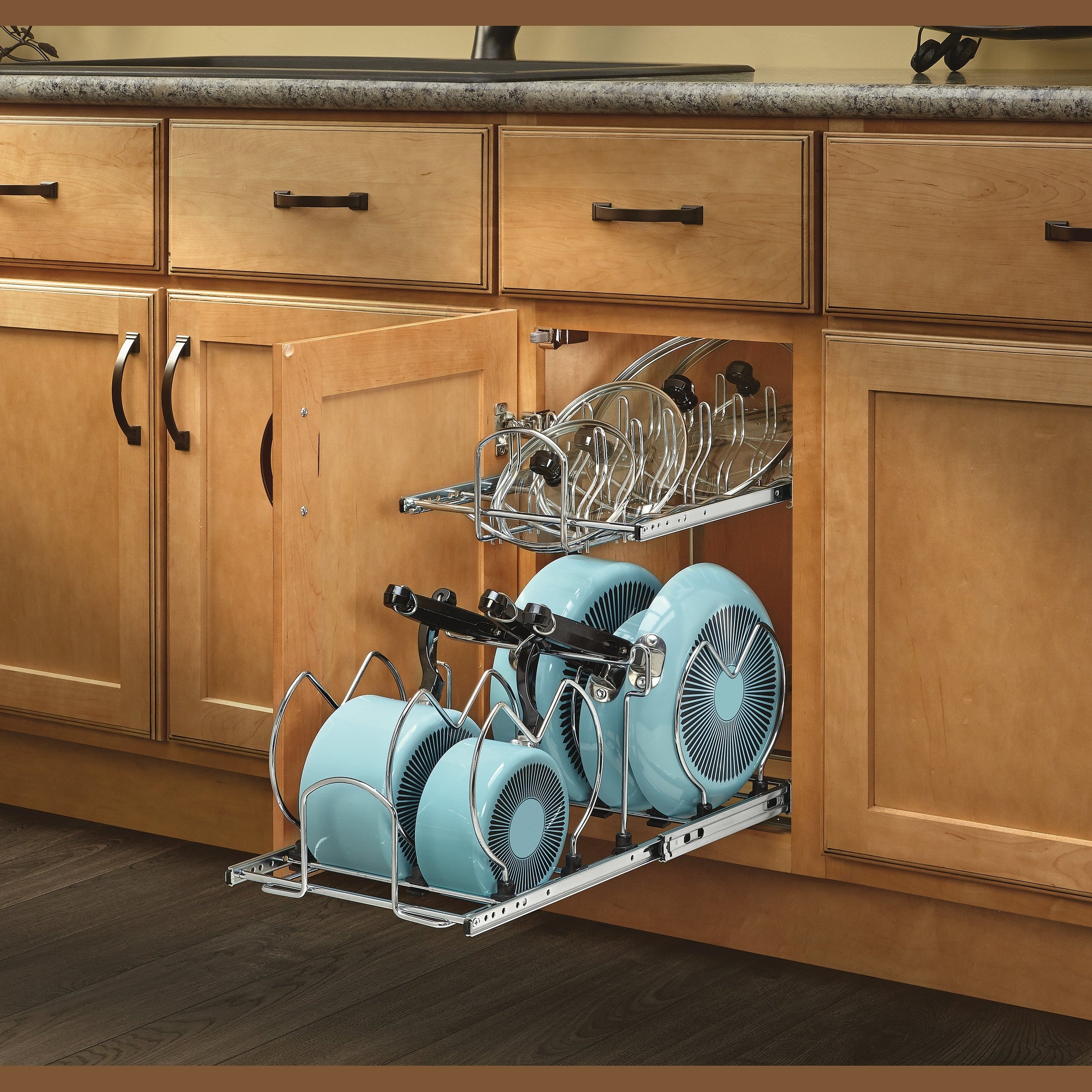 12 in. Pullout Two-Tier Base Cabinet Cookware Organizer w/ Soft-Close Slides