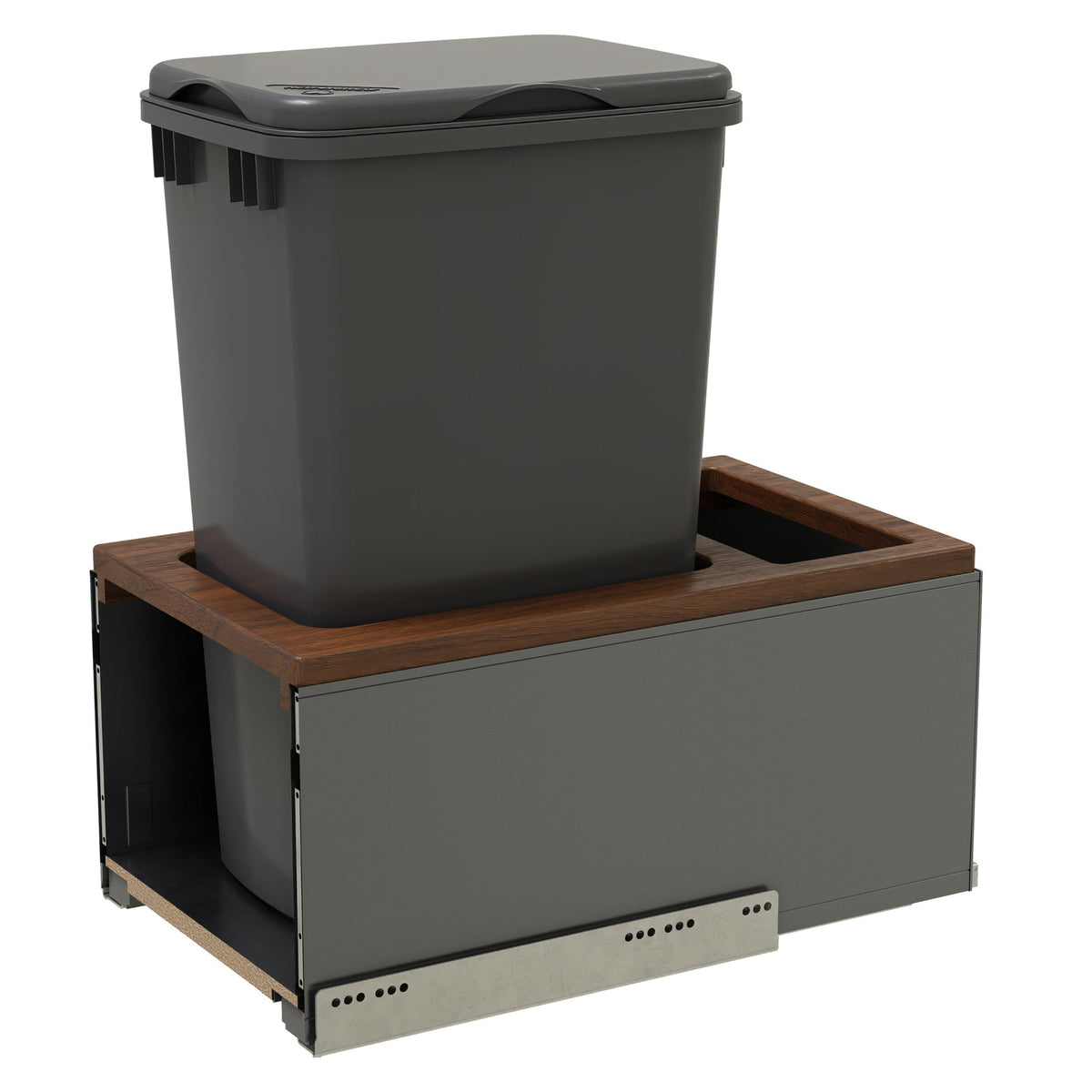LEGRABOX Single 50 Qt. Orion Gray/Walnut Pullout Waste Container w/ BLUM Soft-Close for 15" Full-Height Frameless Base Cabinets