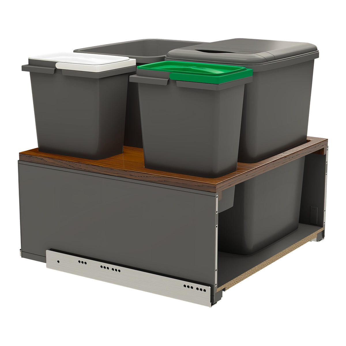 LEGRABOX Double 35 Qt. Orion Gray/Walnut Pullout Waste Container w/ BLUM Soft-Close and Double 8 L Bins/Lids for 18" Frameless Base Cabinets