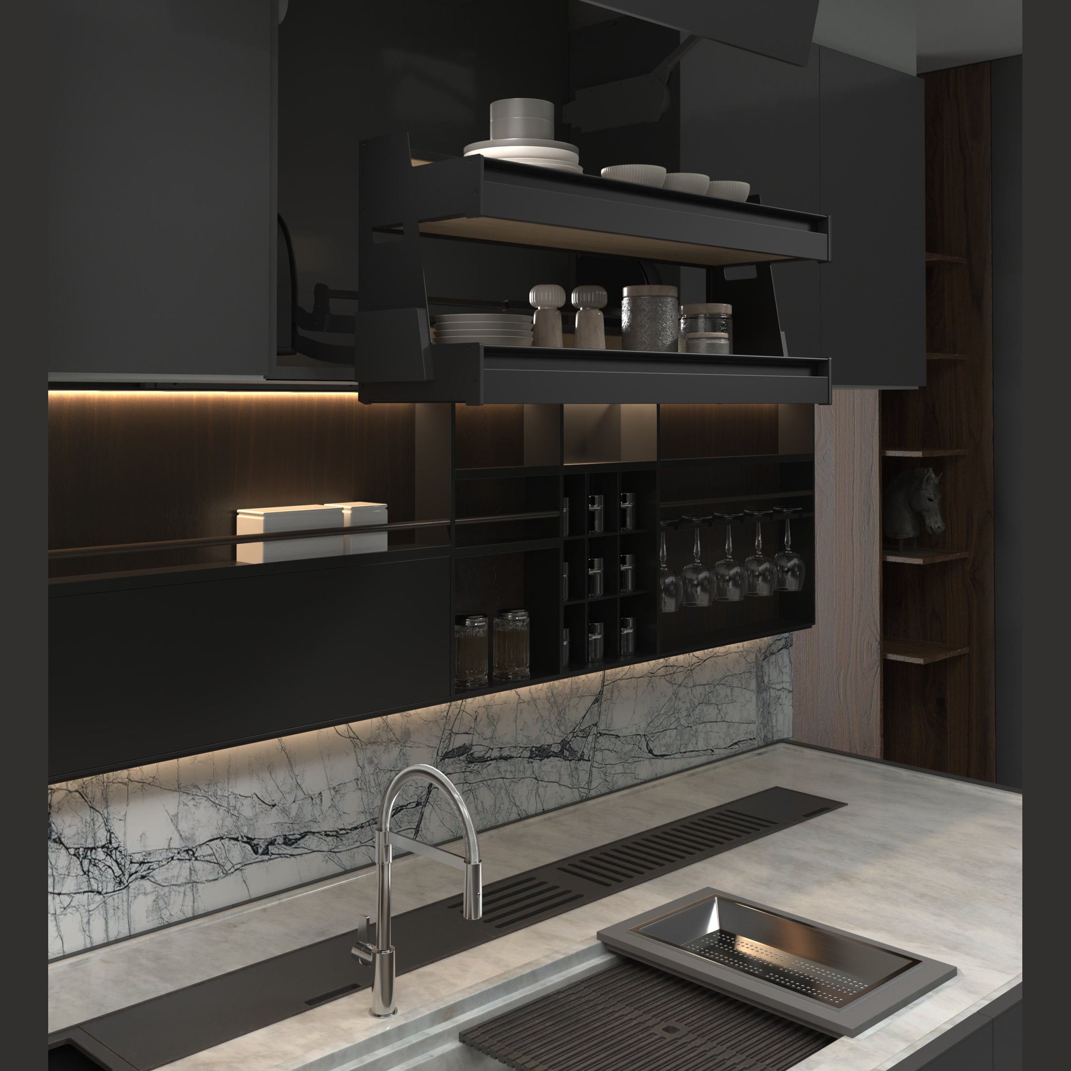 Customizable Pull-Down Shelving System for Wall Cabinets