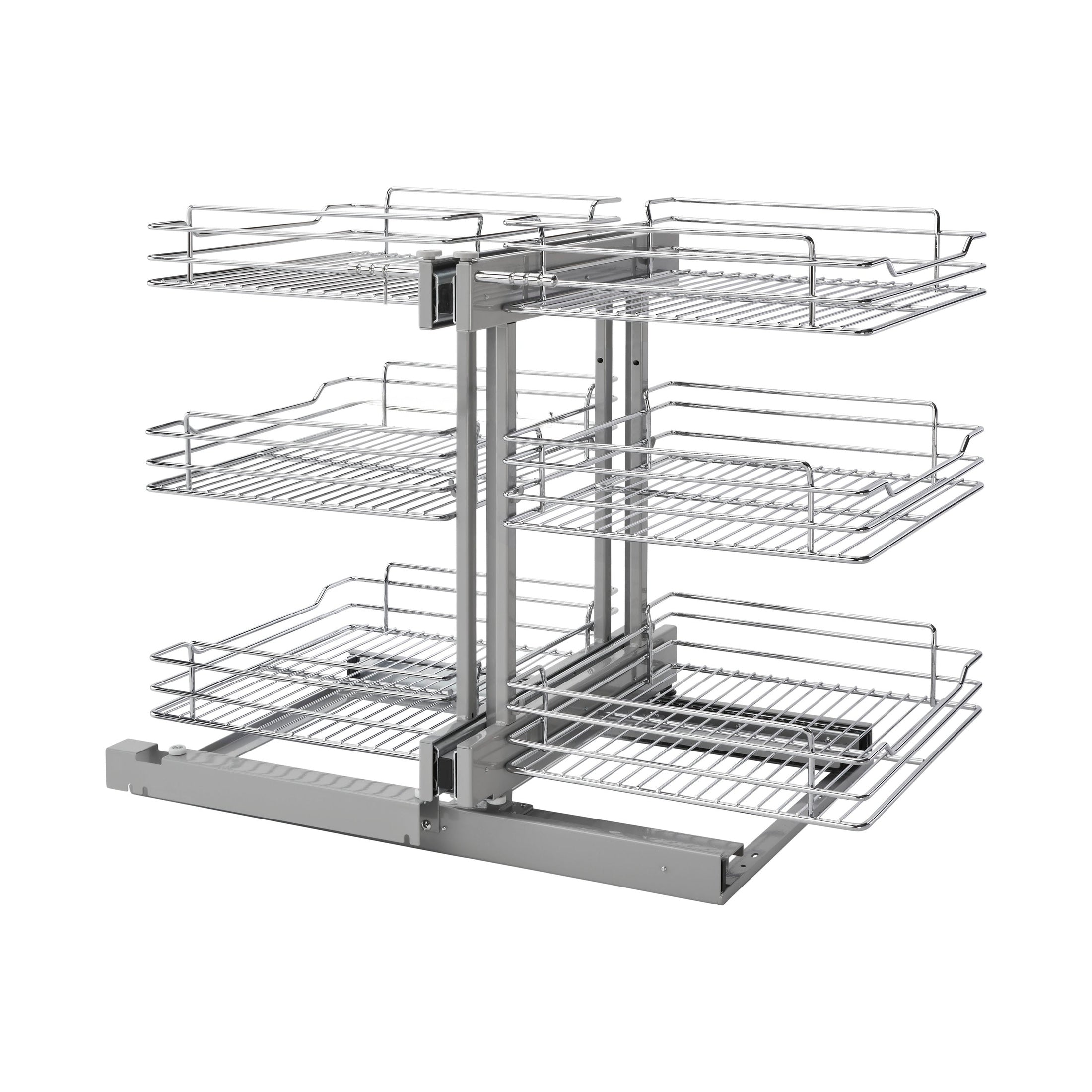 Chrome Three-Tier Wire Basket Organizer w/ Soft-Close for 18" Blind Corner Cabinet Openings
