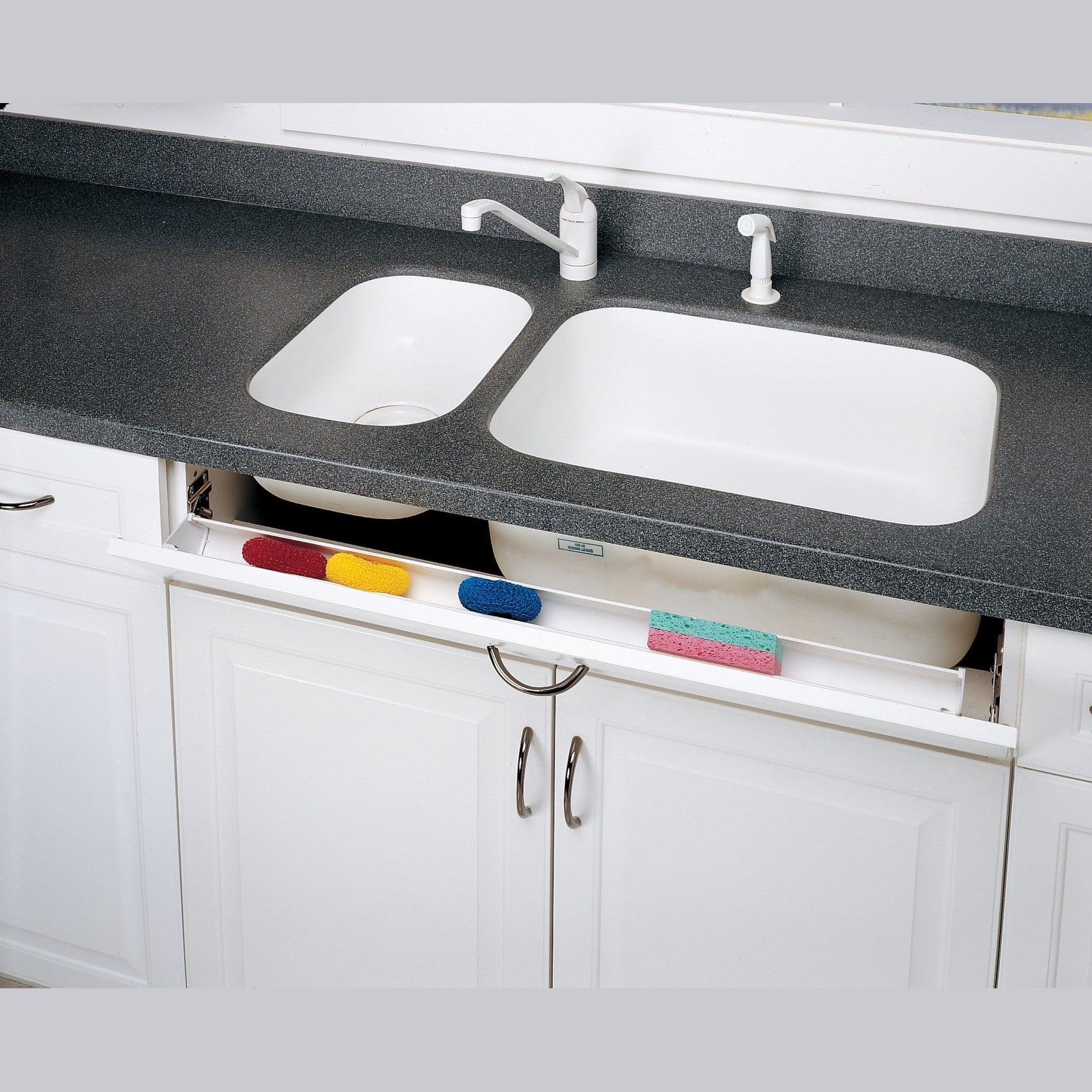 36" White Polymer Slim Series Tip-Out Sink Front Tray w/ 2 Pair Hinges and End Caps