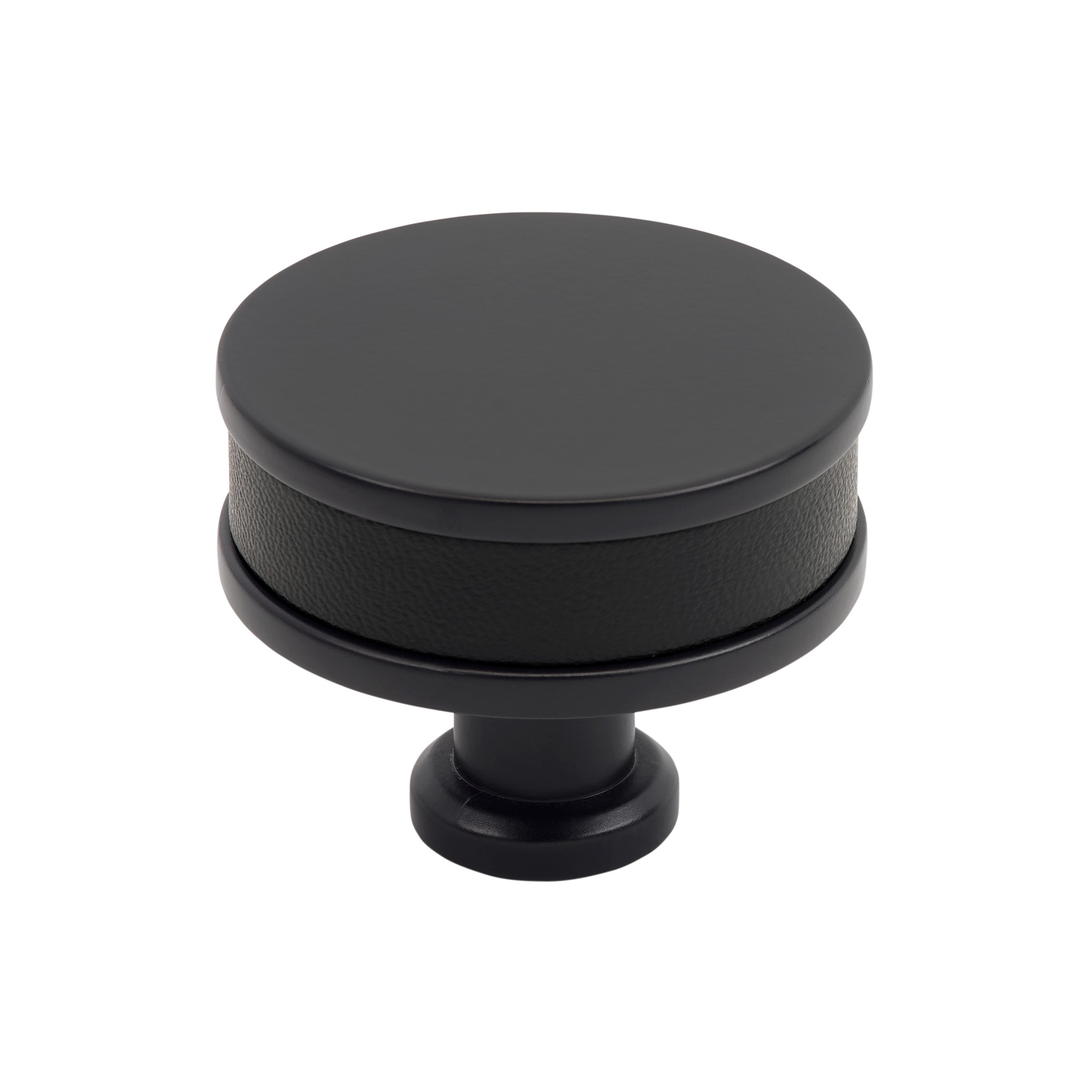 Fairlane 1-1/2 inch (38mm) Diameter Black Leather/Matte Black Cabinet Knob