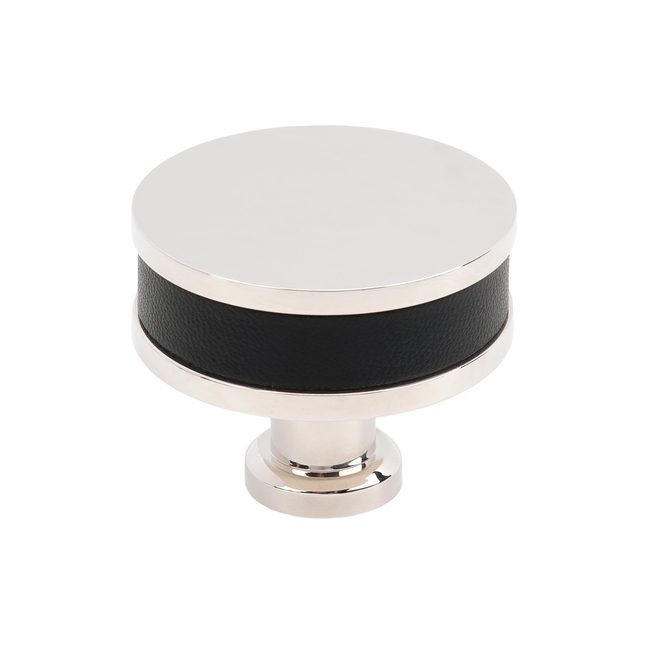 Fairlane 1-1/2 inch (38mm) Diameter Black Leather/Polished Nickel Cabinet Knob