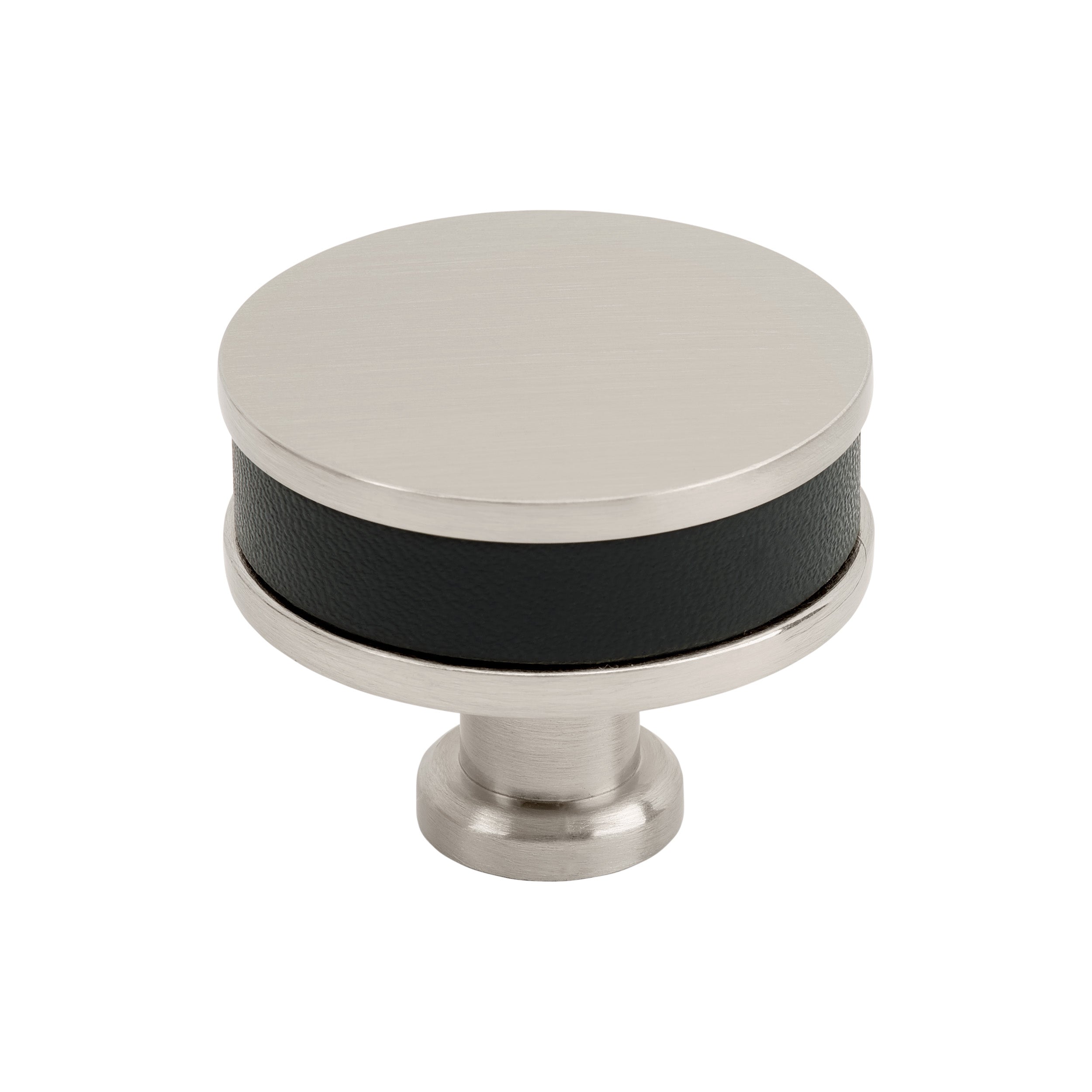 Fairlane 1-1/2 inch (38mm) Diameter Black Leather/Satin Nickel Cabinet Knob
