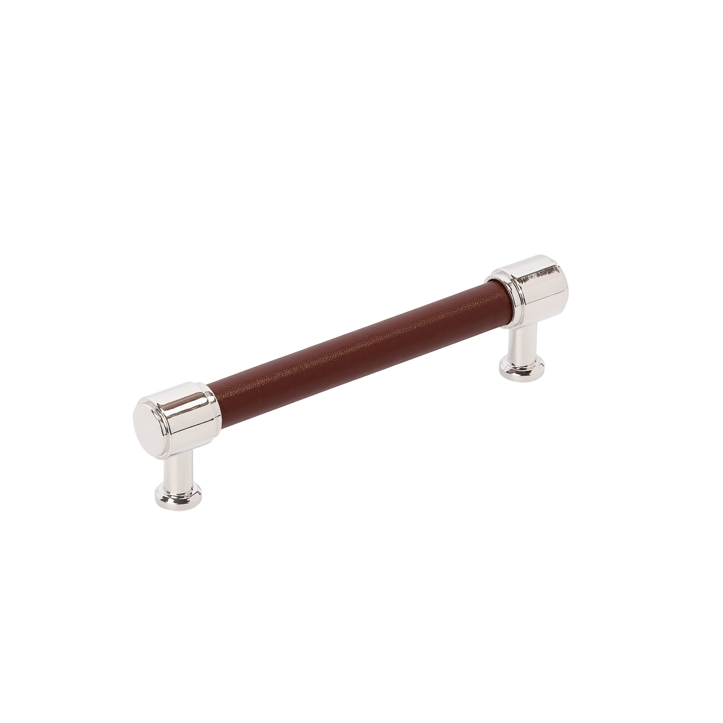Fairlane 5-1/16 inch (128mm) Center-to-Center Brown Leather/Polished Nickel Cabinet Pull