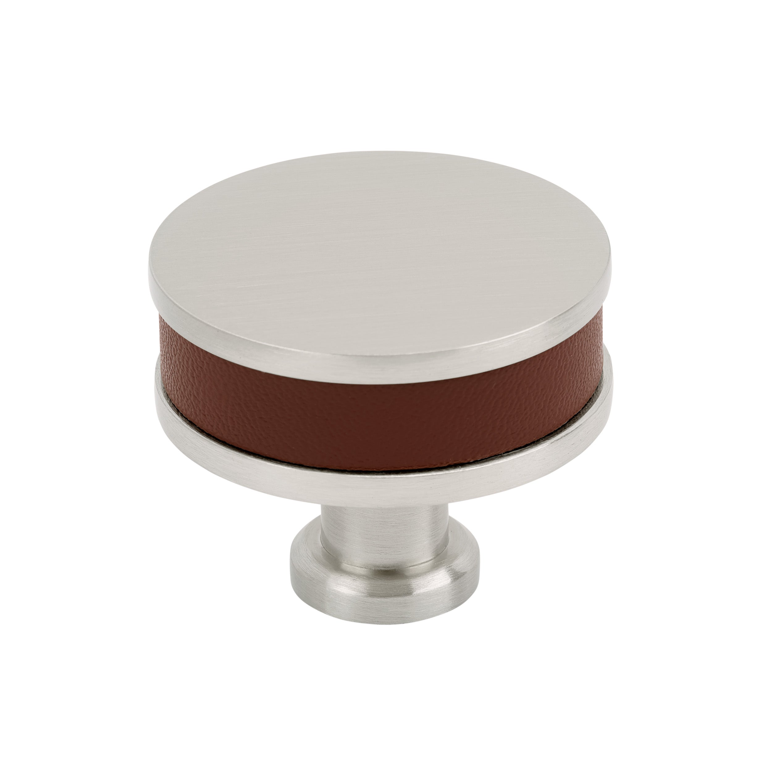 Fairlane 1-1/2 inch (38mm) Diameter Brown Leather/Satin Nickel Cabinet Knob