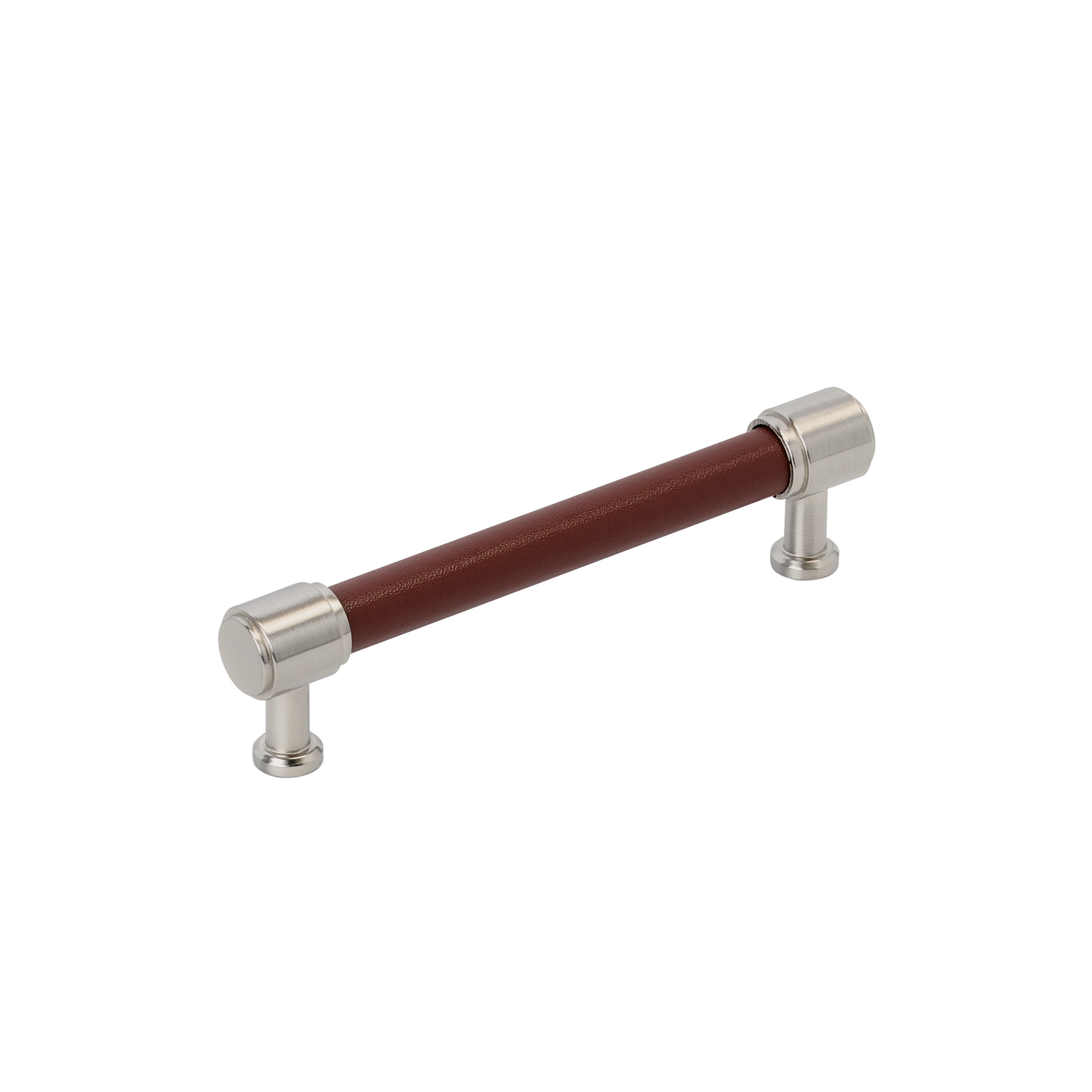 Fairlane 5-1/16 inch (128mm) Center-to-Center Brown Leather/Satin Nickel Cabinet Pull