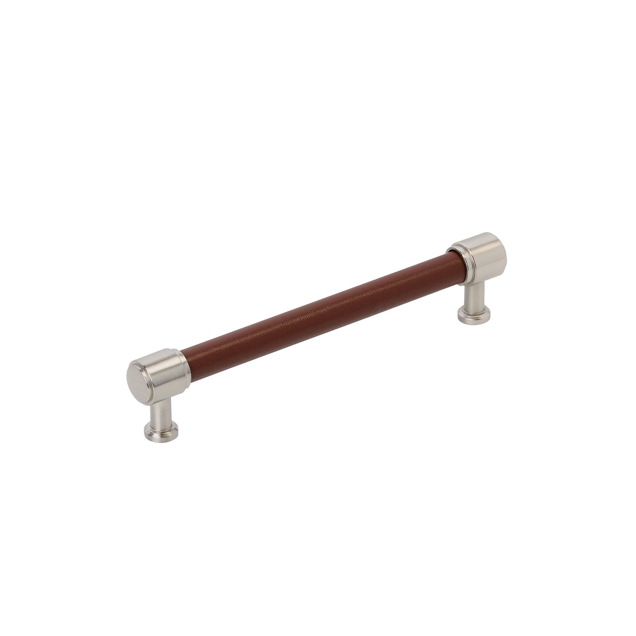 Fairlane 6-5/16 inch (160mm) Center-to-Center Brown Leather/Satin Nickel Cabinet Pull
