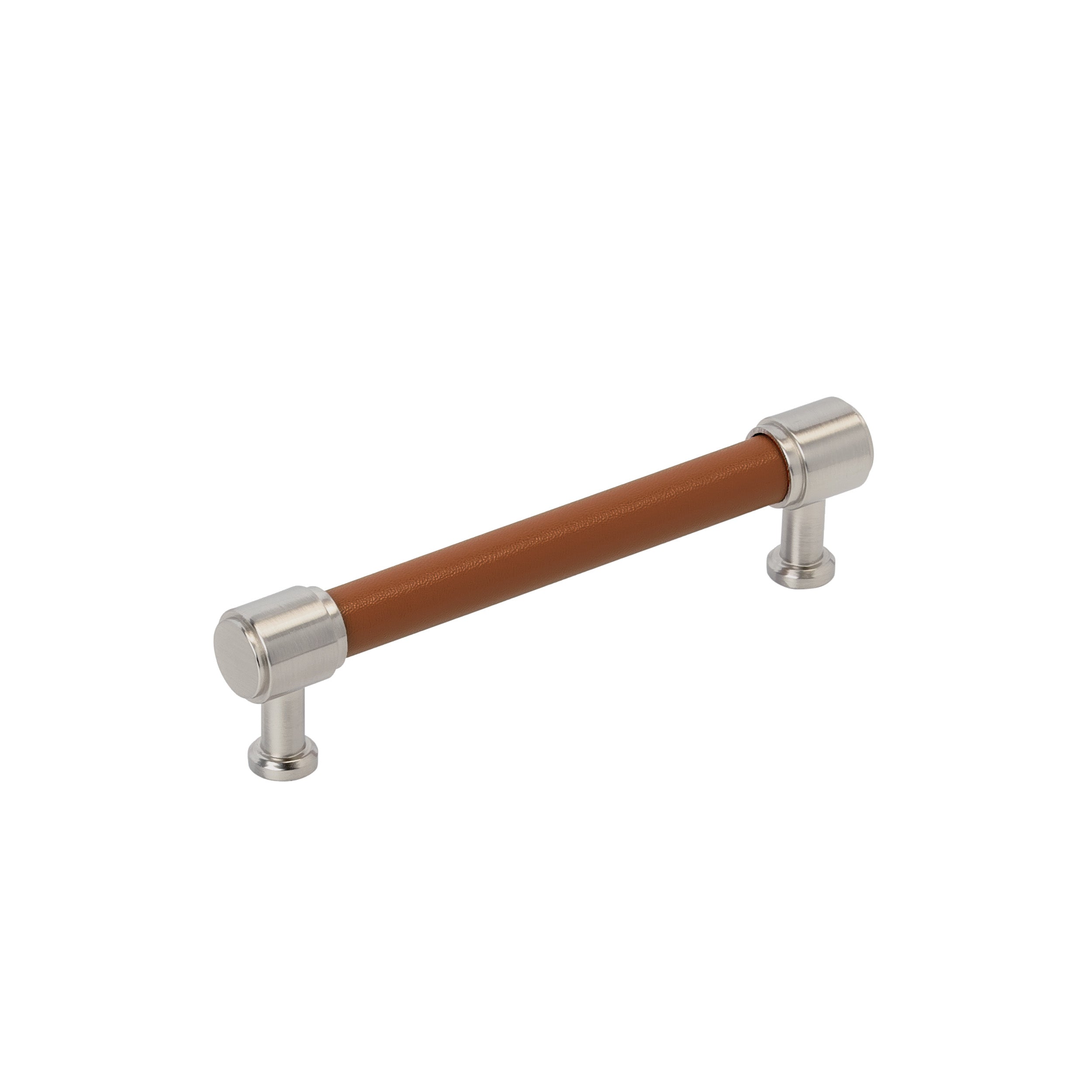 Fairlane 5-1/16 inch (128mm) Center-to-Center Cognac Leather/Satin Nickel Cabinet Pull