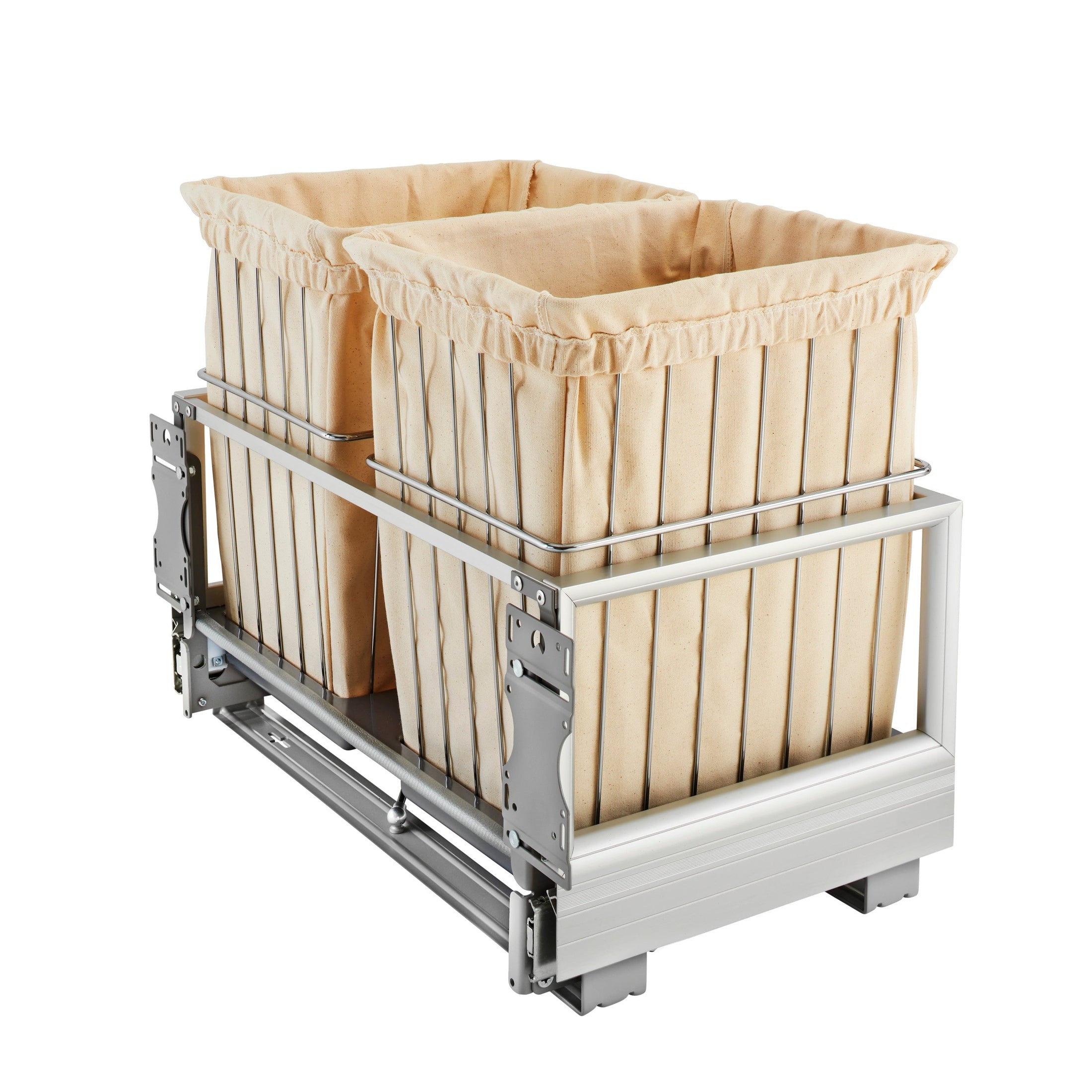 Aluminum Bottom Mount Wire Hamper Pullout w/ (2) 1.2 BU Canvas Liners, RAM Slides and Silver Base